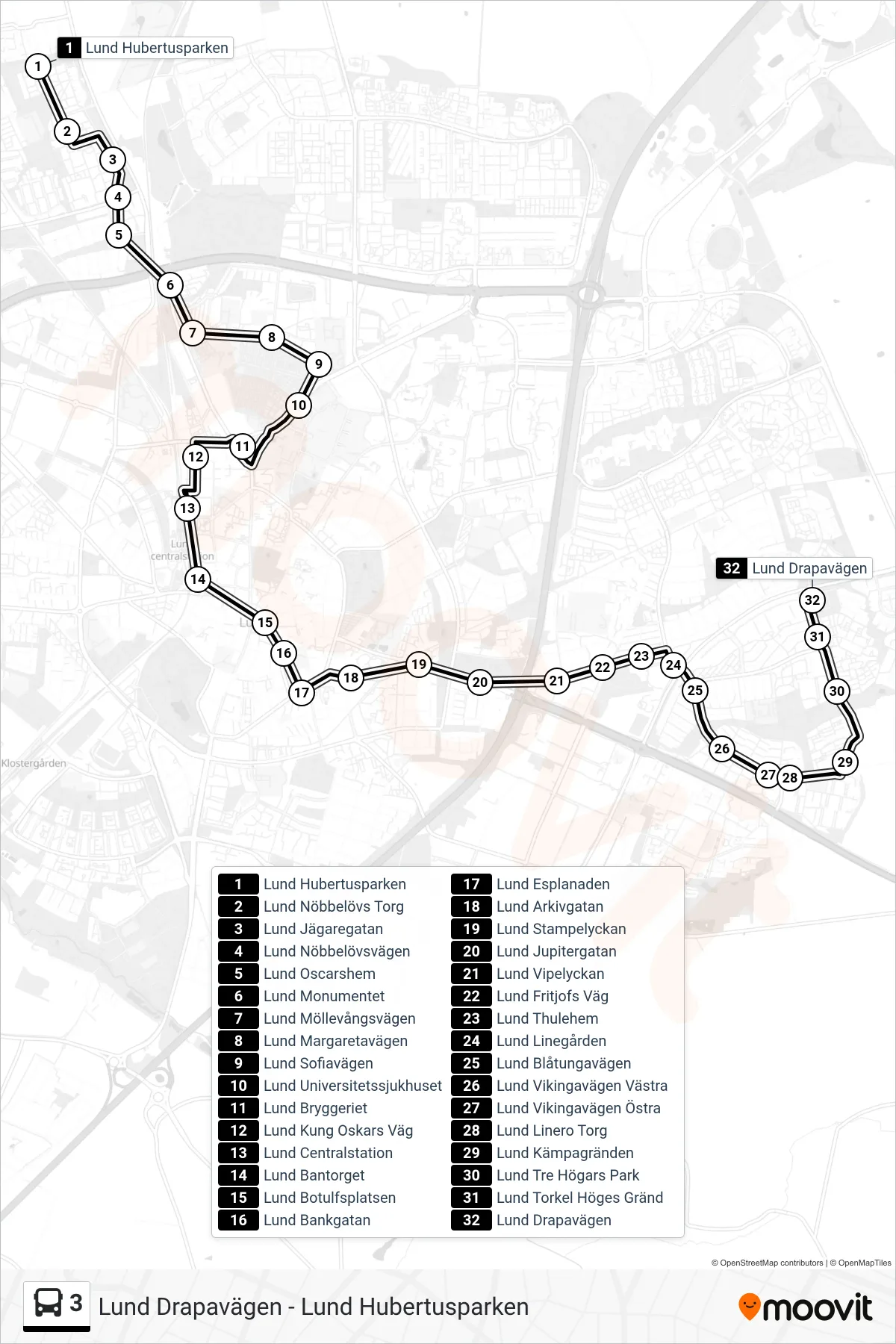Rutt och hållplatser på karta för linje 3 spårvagn, (Lund Drapavägen)