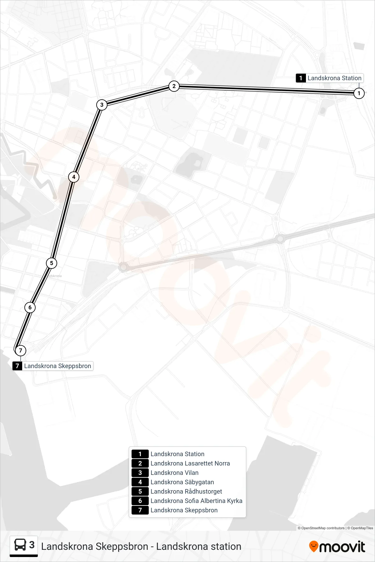 Rutt och hållplatser på karta för linje 3 spårvagn, (Landskrona Skeppsbron)