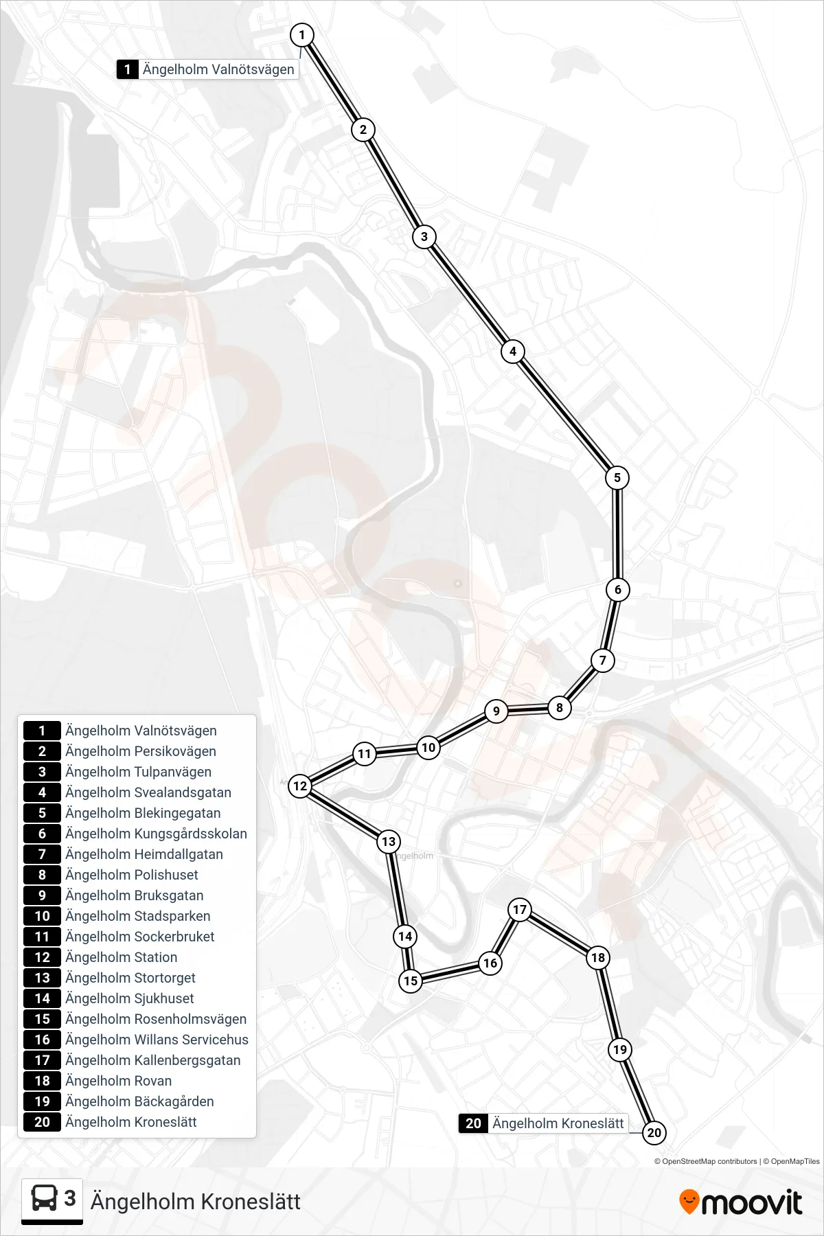 Rutt och hållplatser på karta för linje 3 spårvagn, (Ängelholm Kroneslätt)
