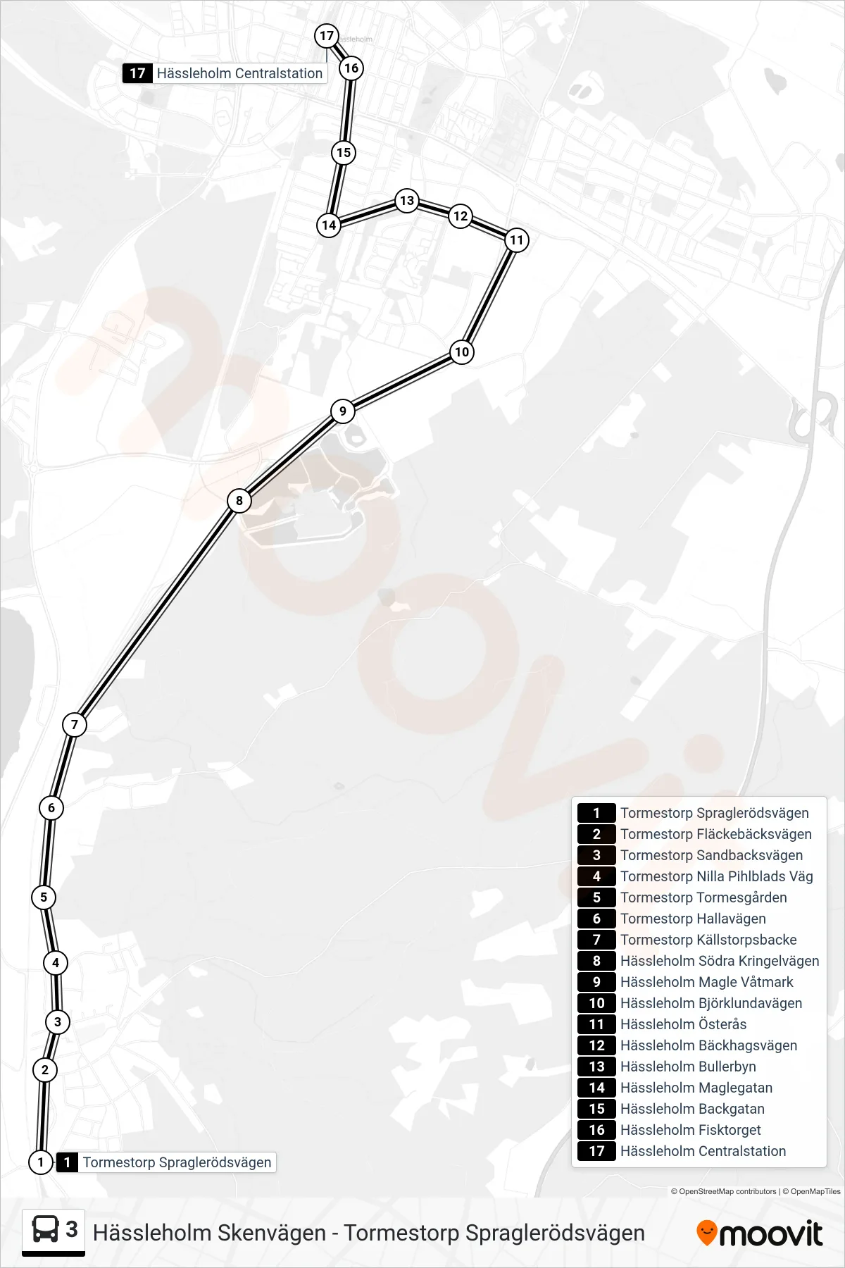 Rutt och hållplatser på karta för linje 3  spårvagn, (Hässleholm Centralstation)