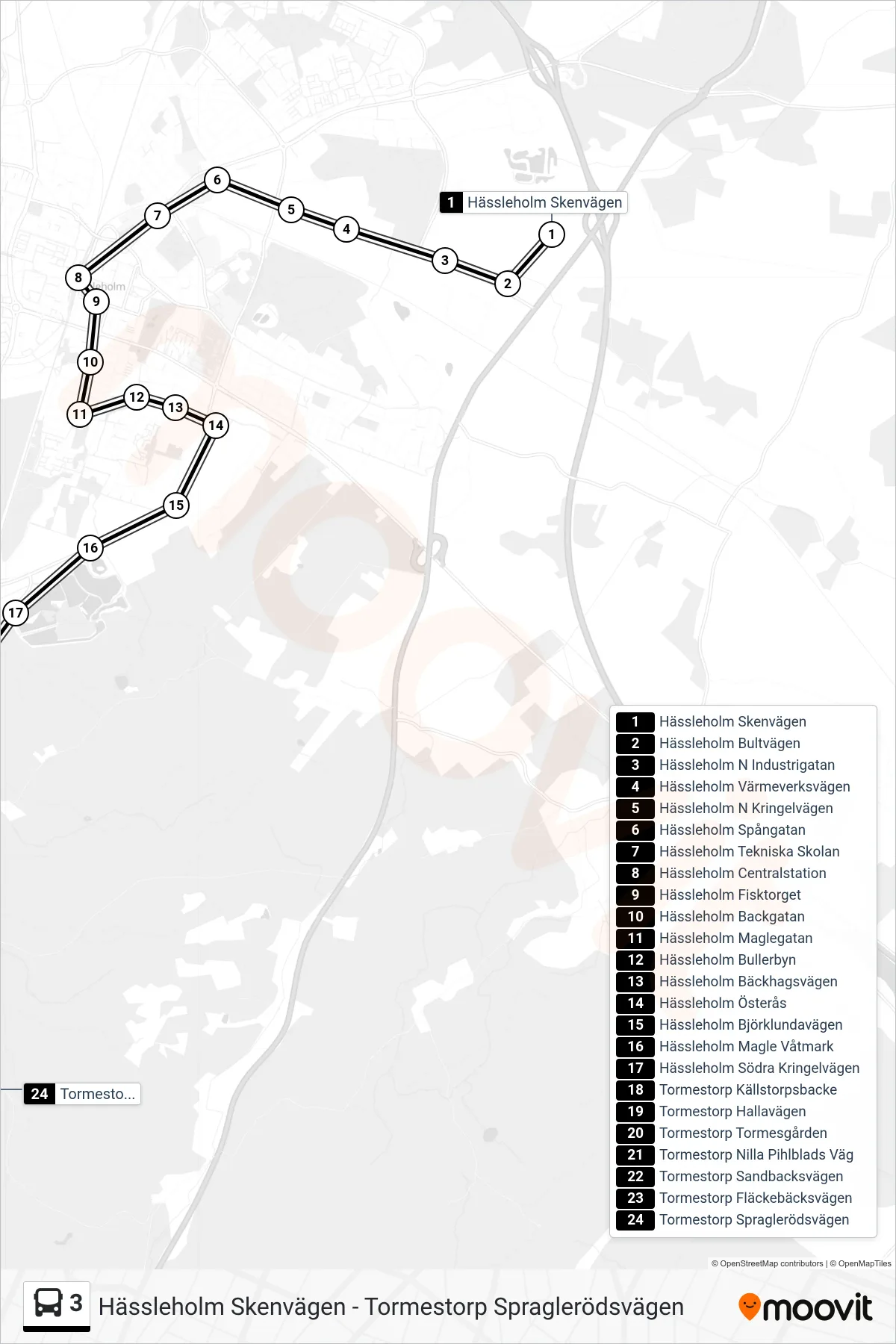 Rutt och hållplatser på karta för linje 3 spårvagn, (Tormestorp Spraglerödsvägen)