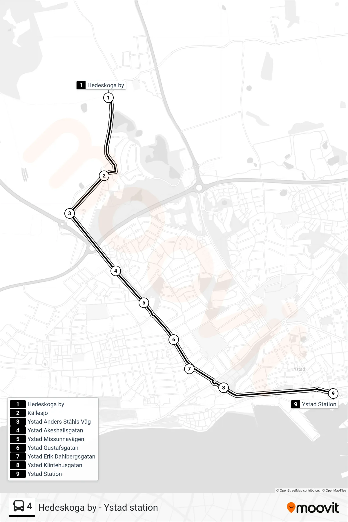 Rutt och hållplatser på karta för linje 4 spårvagn, (Ystad Station)