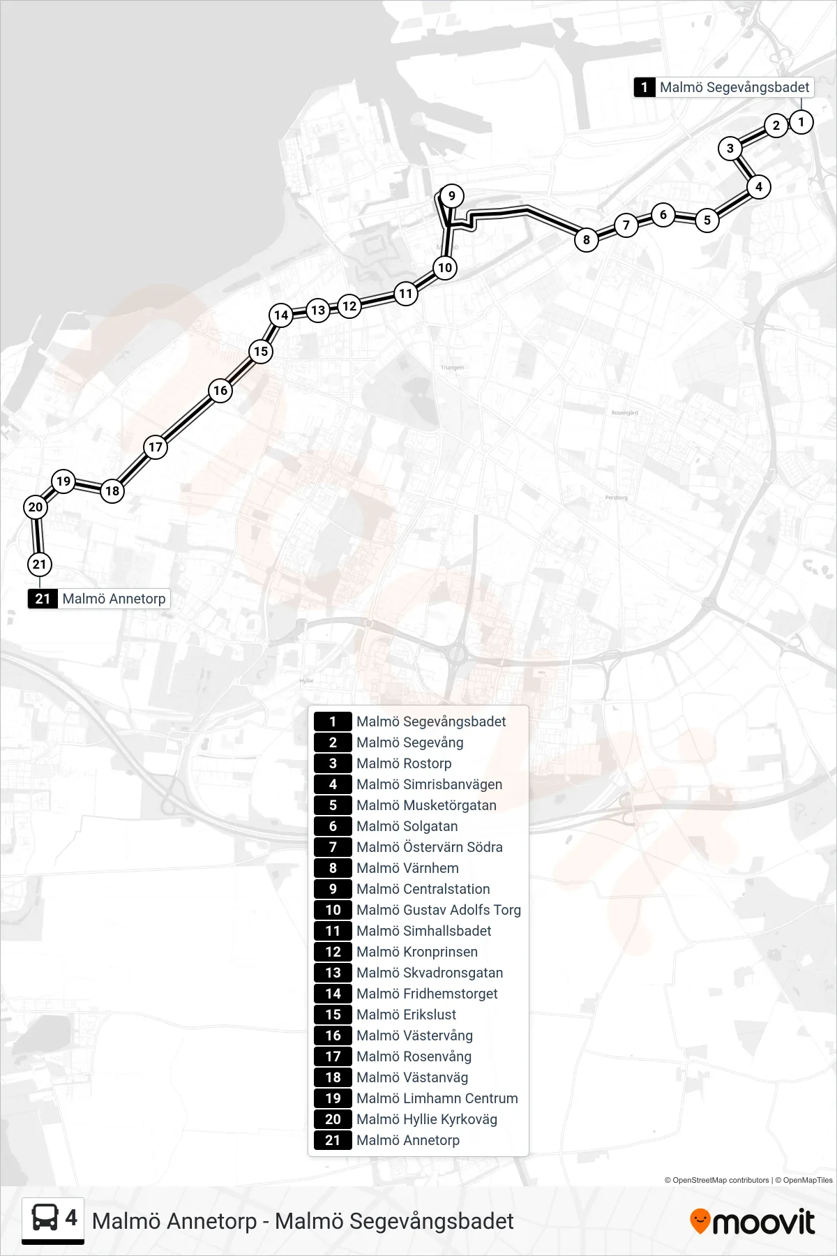 Rutt och hållplatser på karta för linje 4 spårvagn, (Malmö Annetorp)