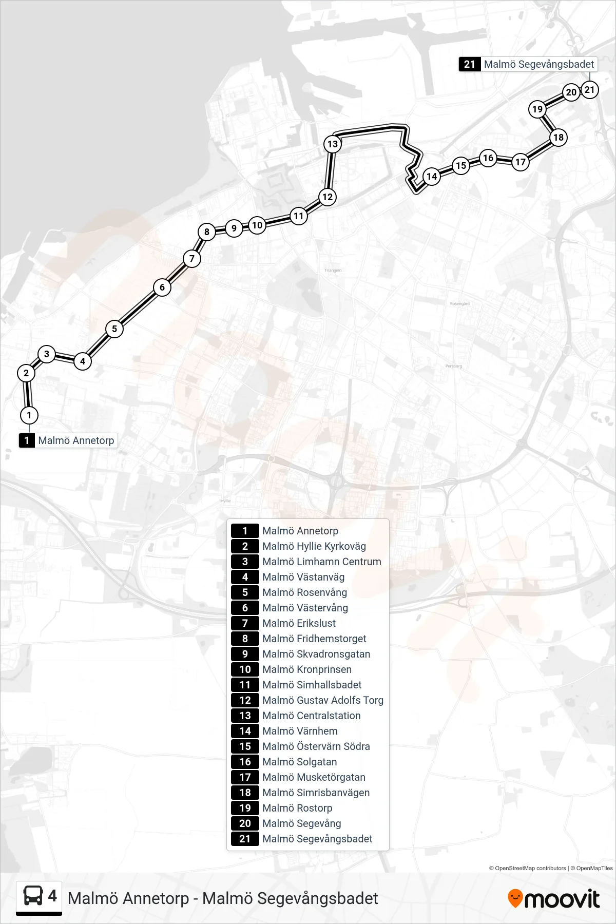 Rutt och hållplatser på karta för linje 4  spårvagn, (Malmö Segevångsbadet)