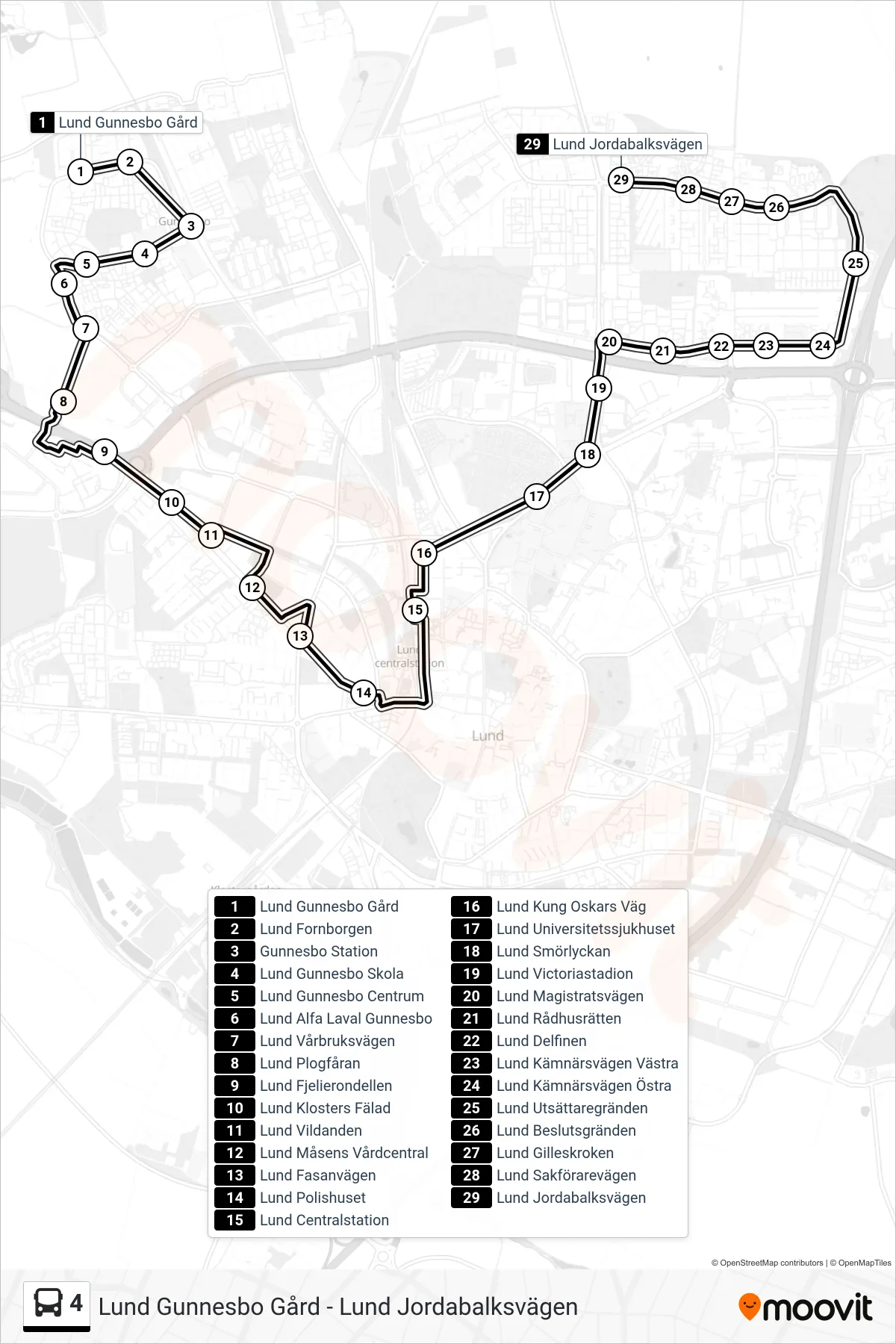 Rutt och hållplatser på karta för linje 4  spårvagn, (Lund Jordabalksvägen)