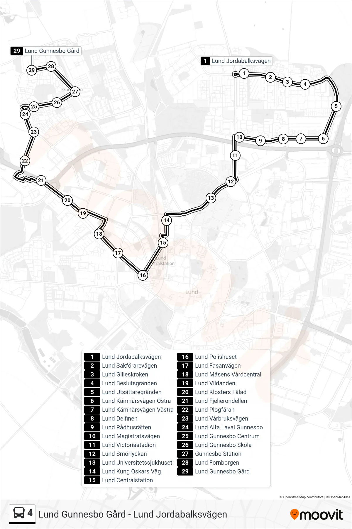 Rutt och hållplatser på karta för linje 4 spårvagn, (Lund Gunnesbo Gård)