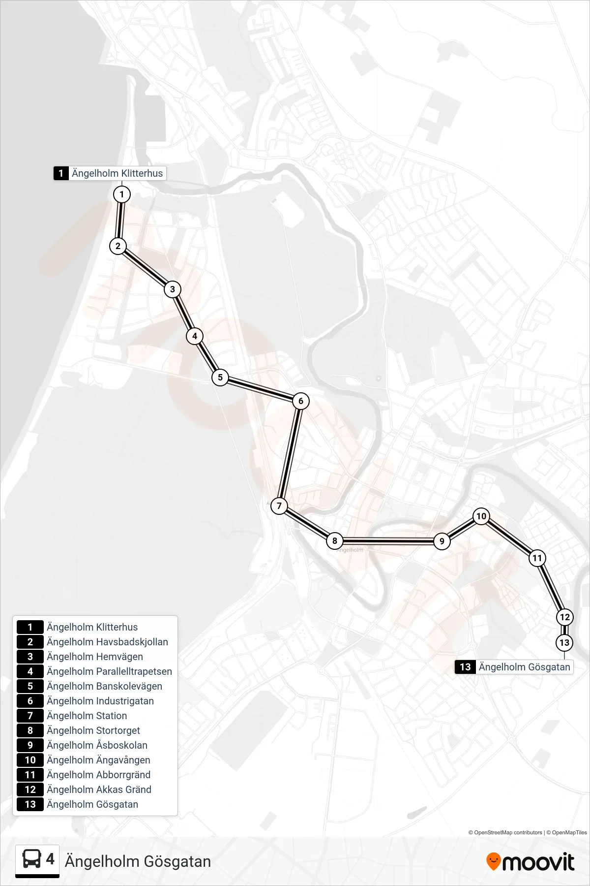 Rutt och hållplatser på karta för linje 4 spårvagn, (Ängelholm Gösgatan)