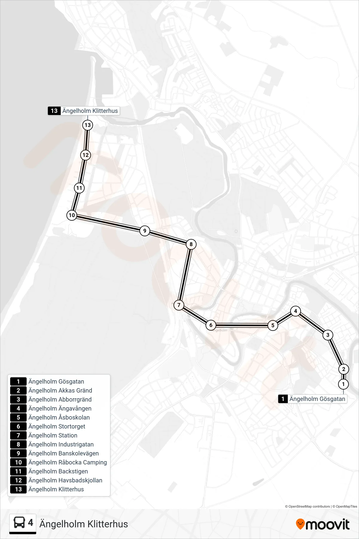 Rutt och hållplatser på karta för linje 4 spårvagn, (Ängelholm Klitterhus)