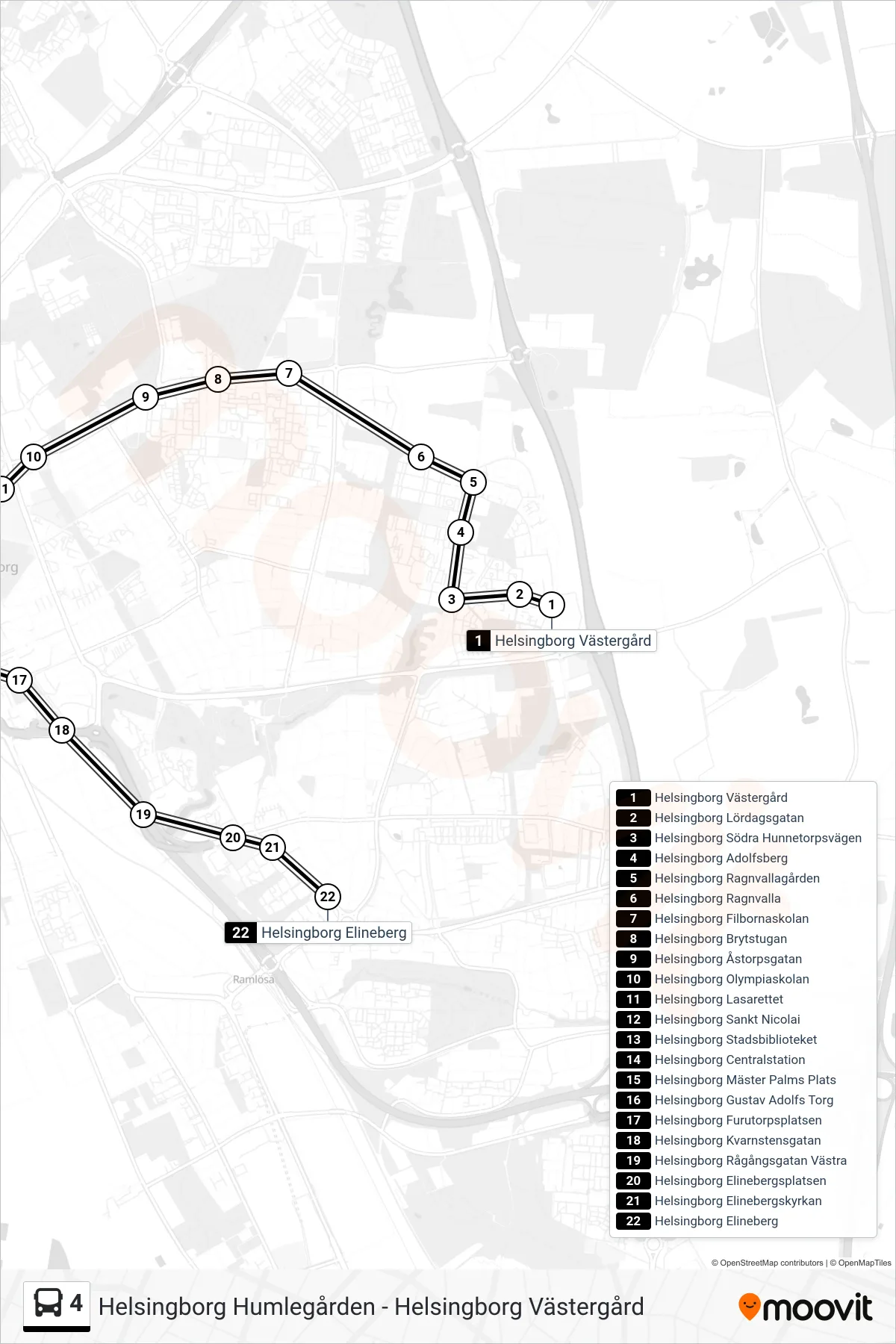 Rutt och hållplatser på karta för linje 4 spårvagn, (Helsingborg Elineberg)