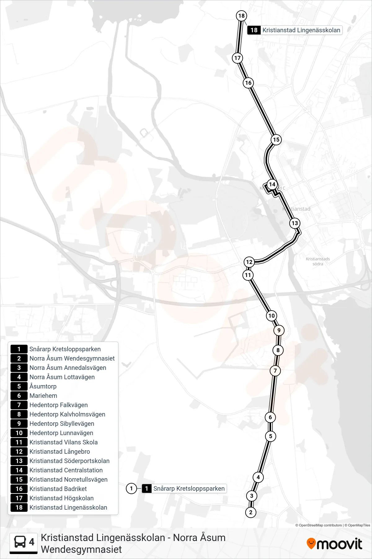 Rutt och hållplatser på karta för linje 4 spårvagn, (Kristianstad Lingenässkolan)