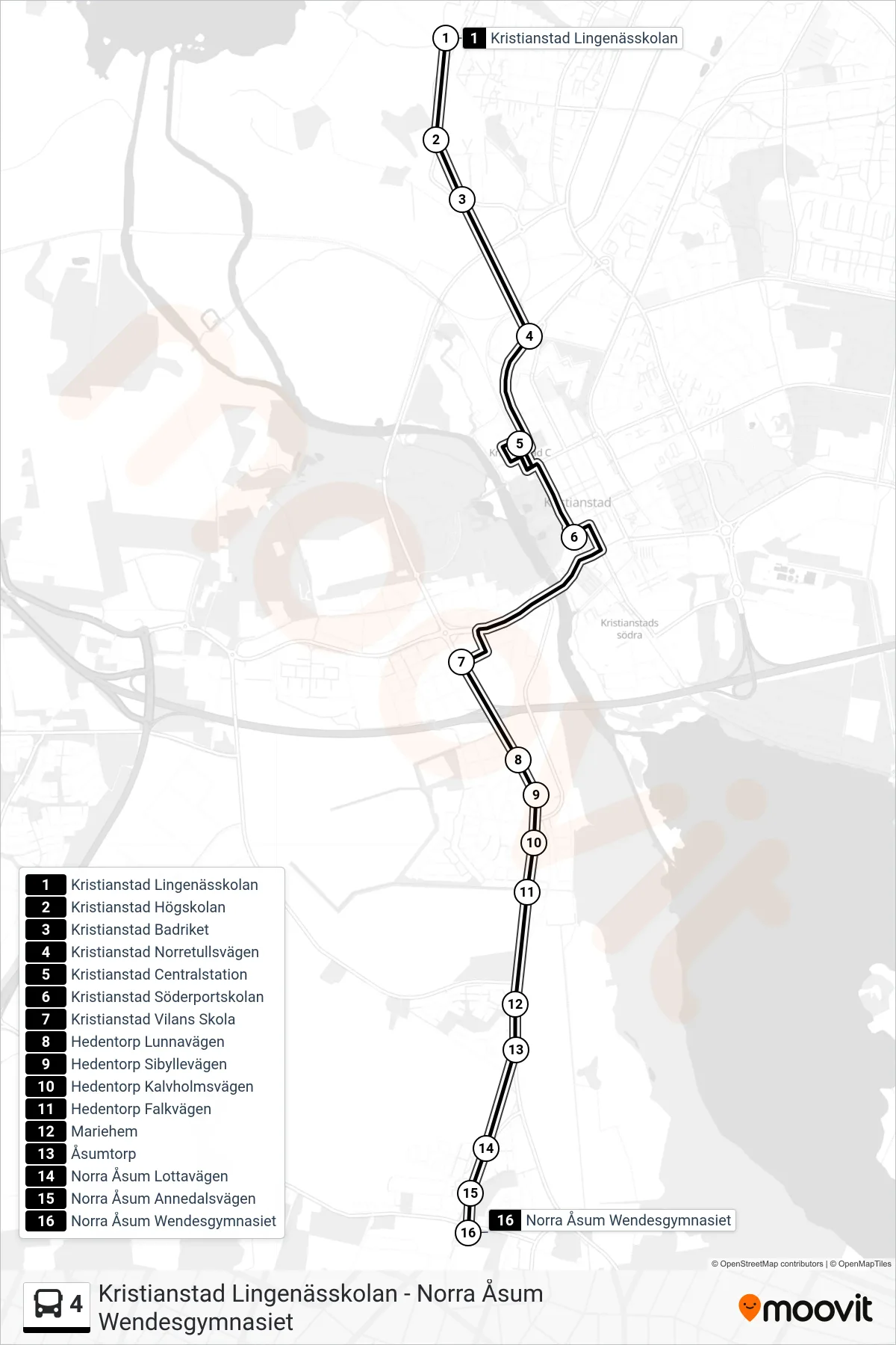 Rutt och hållplatser på karta för linje 4  spårvagn, (Norra Åsum Wendesgymnasiet)