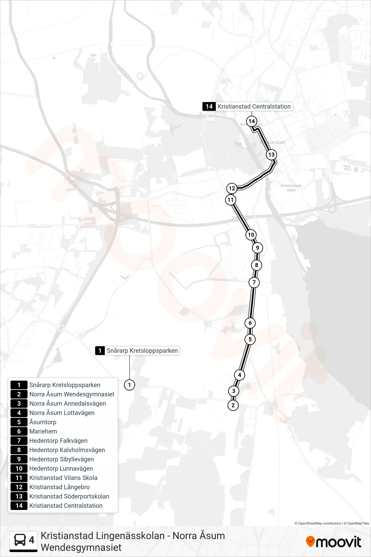 Rutt och hållplatser på karta för linje 4  spårvagn, (Kristianstad Centralstation)