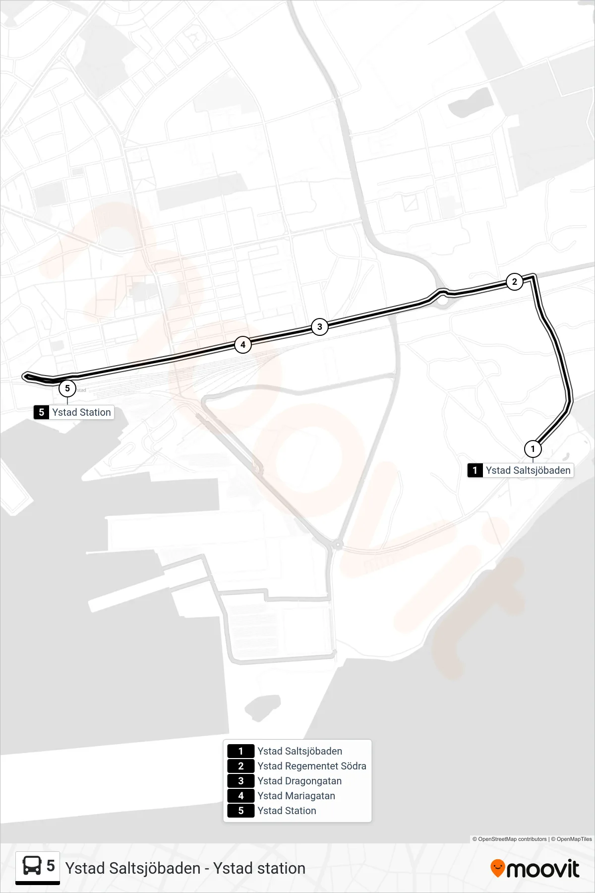 Rutt och hållplatser på karta för linje 5 spårvagn, (Ystad Station)