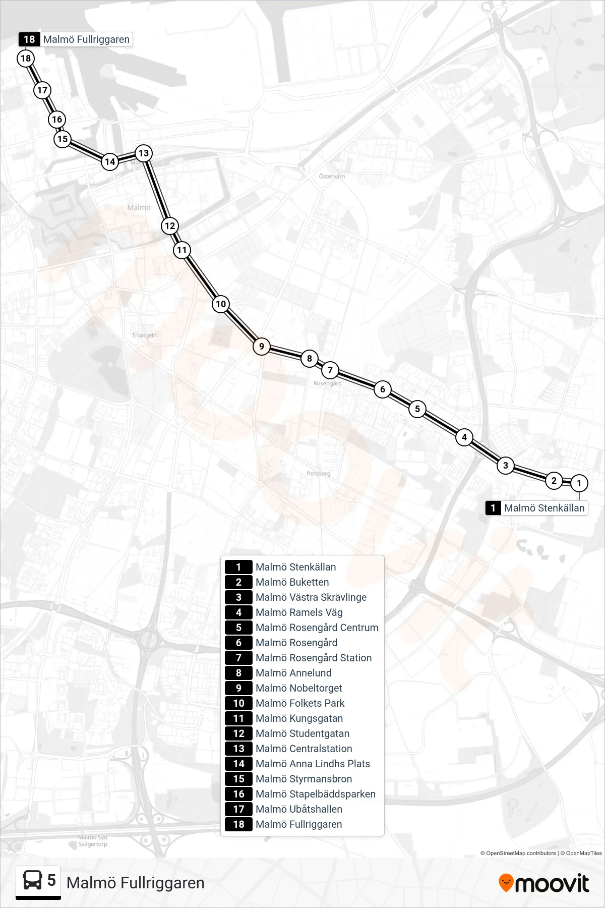 Rutt och hållplatser på karta för linje 5  spårvagn, (Malmö Fullriggaren)