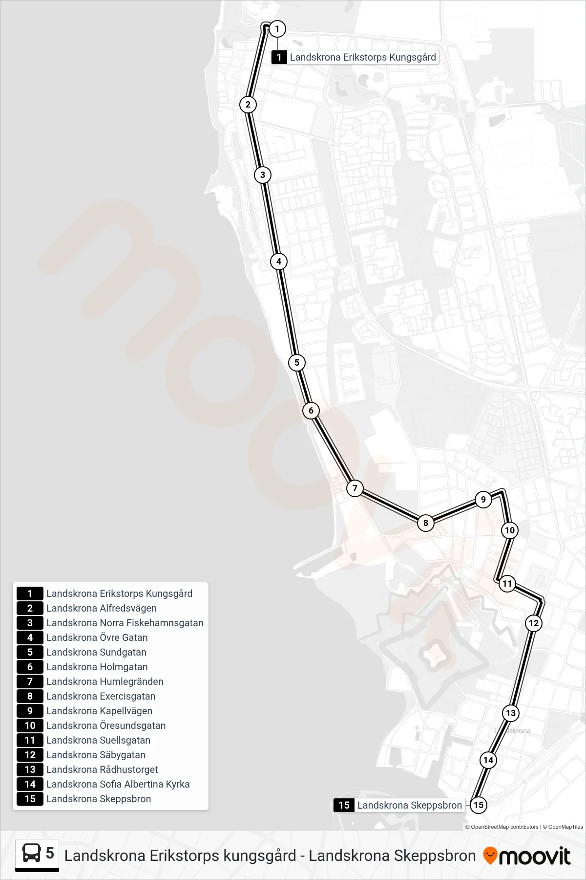 Rutt och hållplatser på karta för linje 5  spårvagn, (Landskrona Skeppsbron)