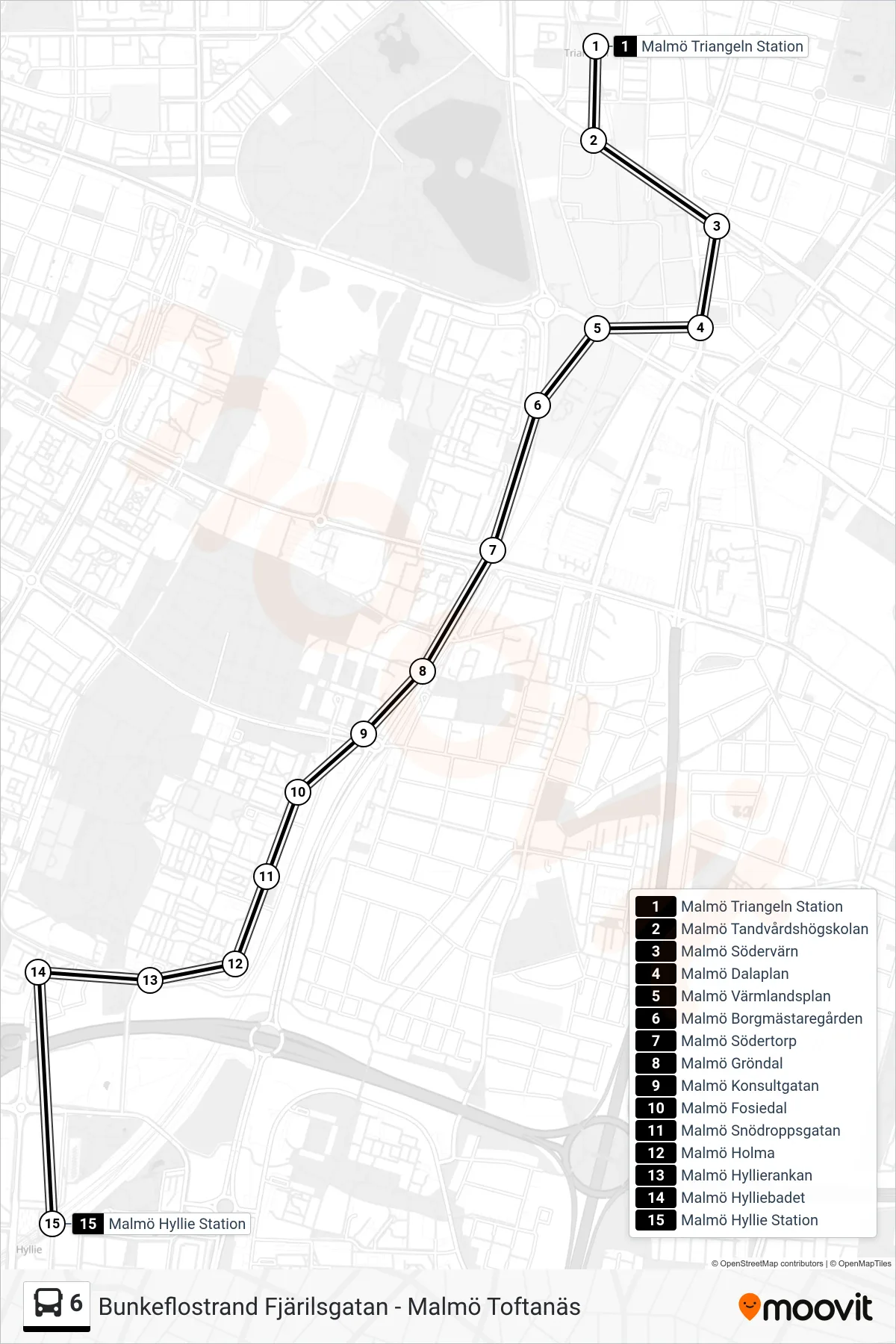 Rutt och hållplatser på karta för linje 6  spårvagn, (Malmö Hyllie Station)