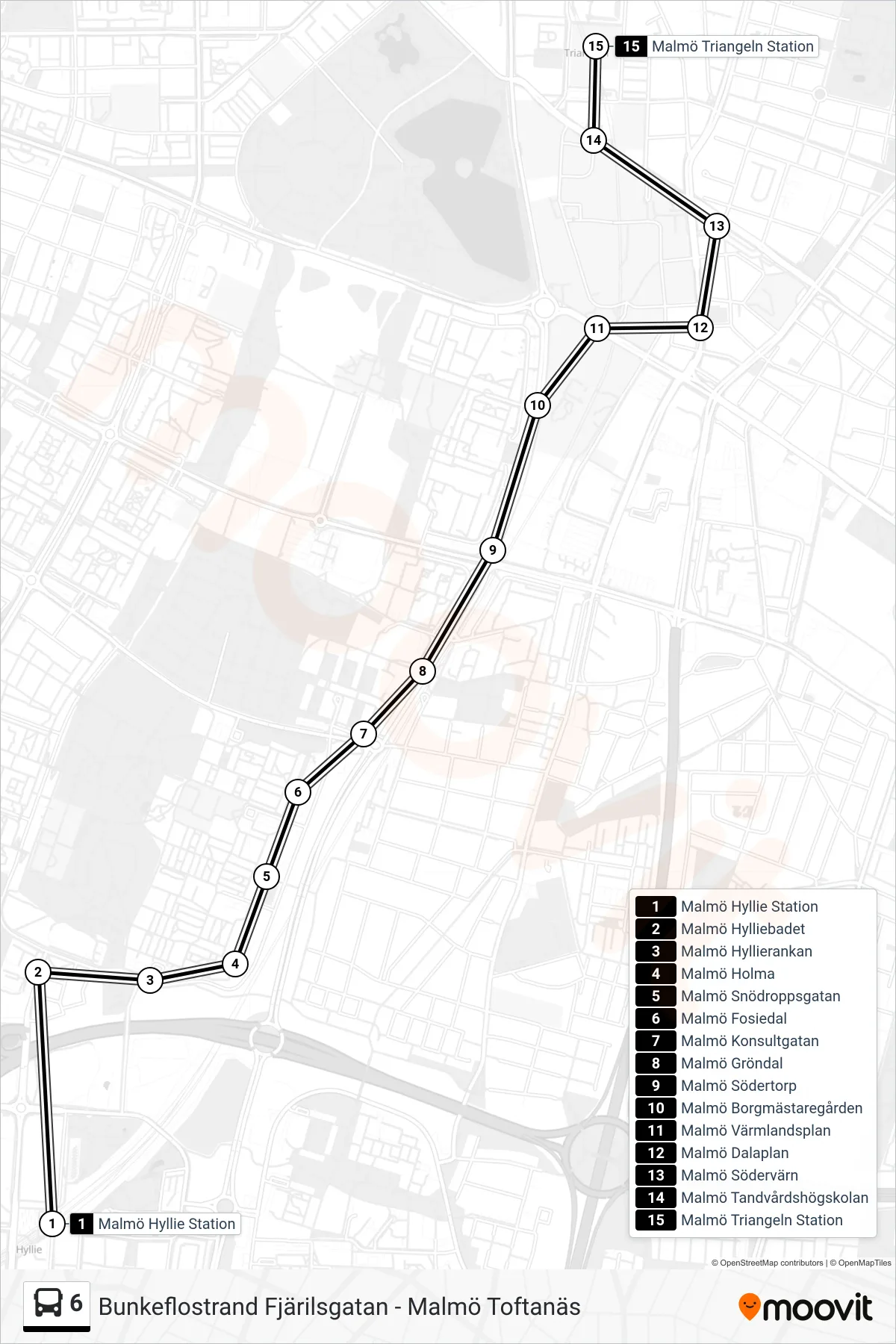 Rutt och hållplatser på karta för linje 6 spårvagn, (Malmö Triangeln Station)