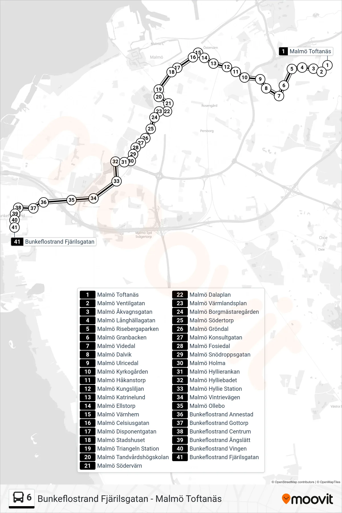 Rutt och hållplatser på karta för linje 6 spårvagn, (Bunkeflostrand Fjärilsgatan)