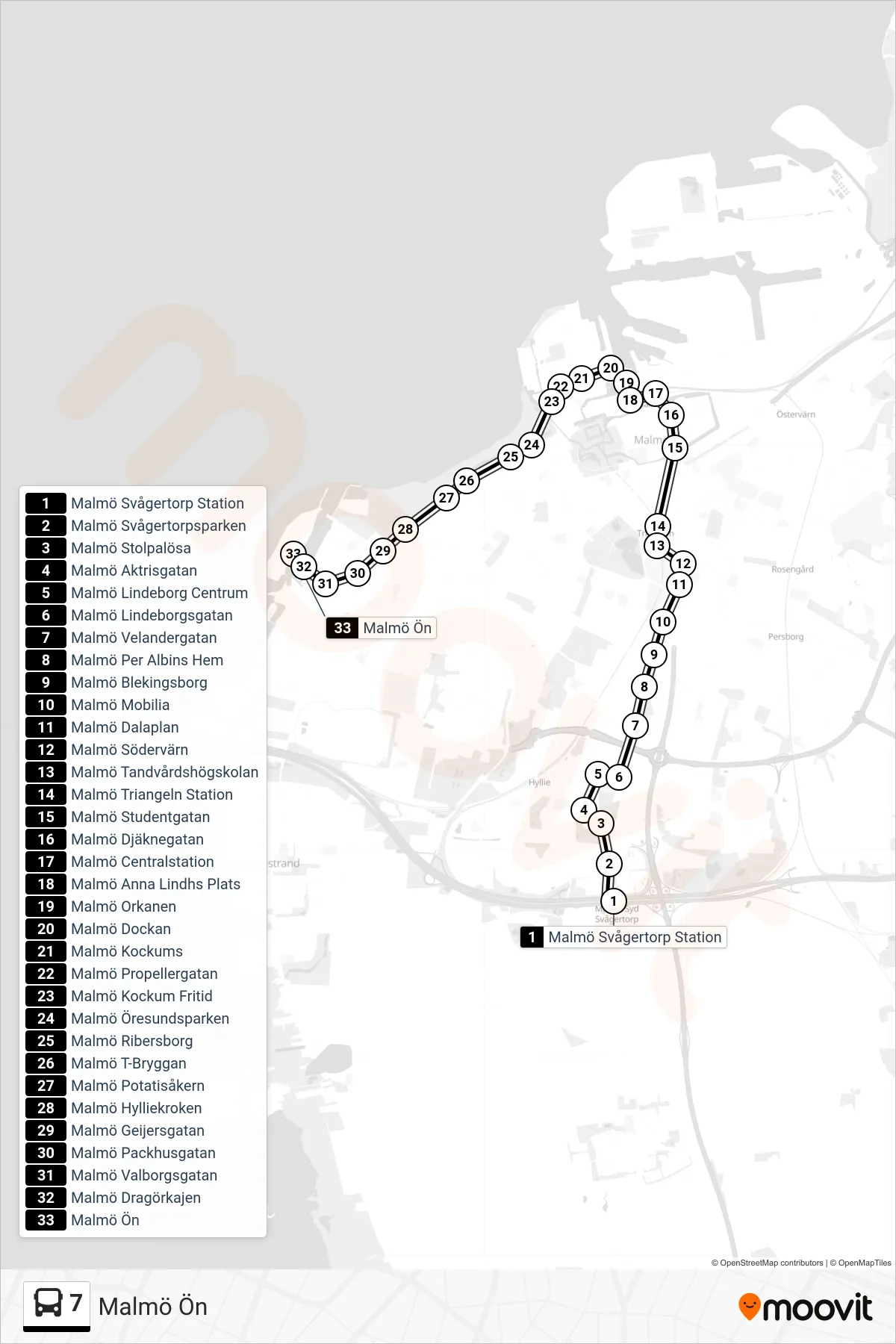 Rutt och hållplatser på karta för linje 7  spårvagn, (Malmö Ön)
