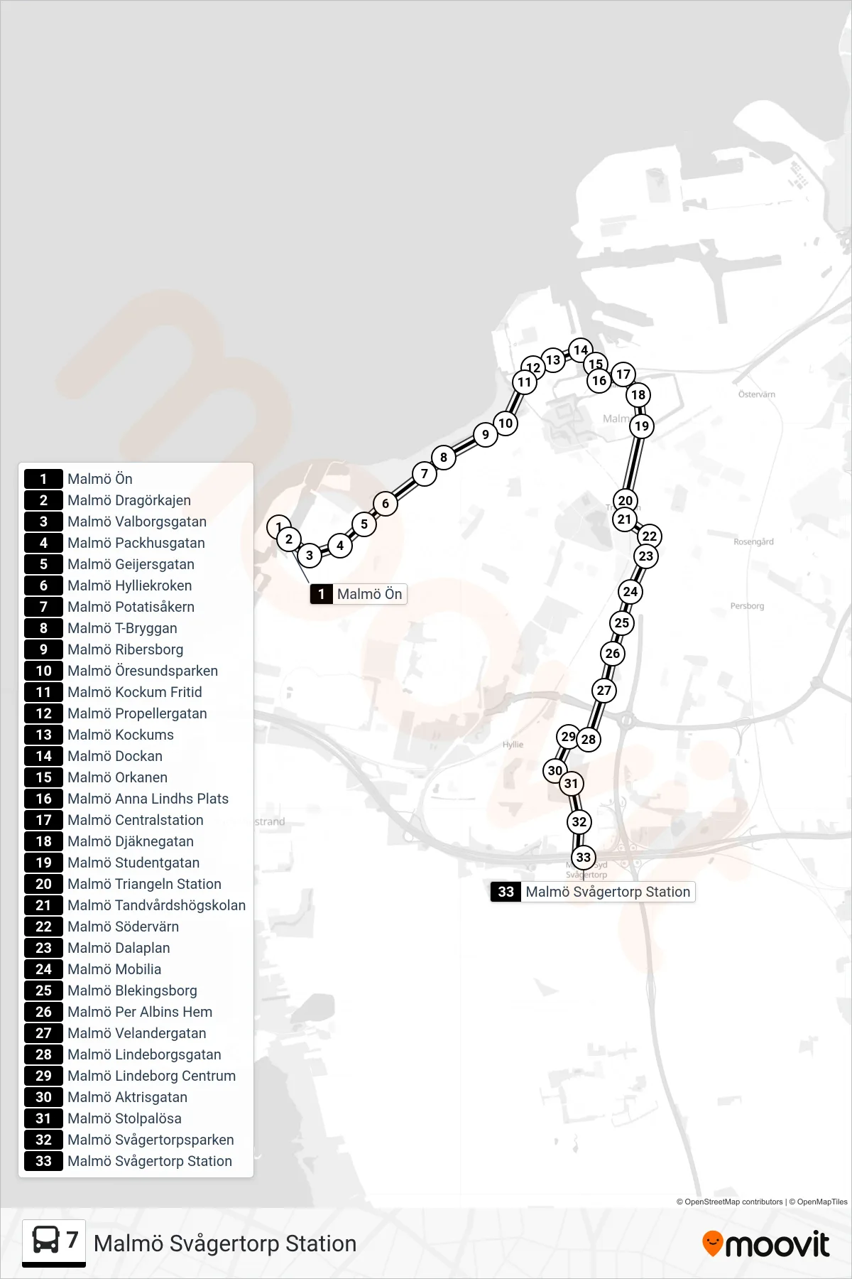 Rutt och hållplatser på karta för linje 7 spårvagn, (Malmö Svågertorp Station)