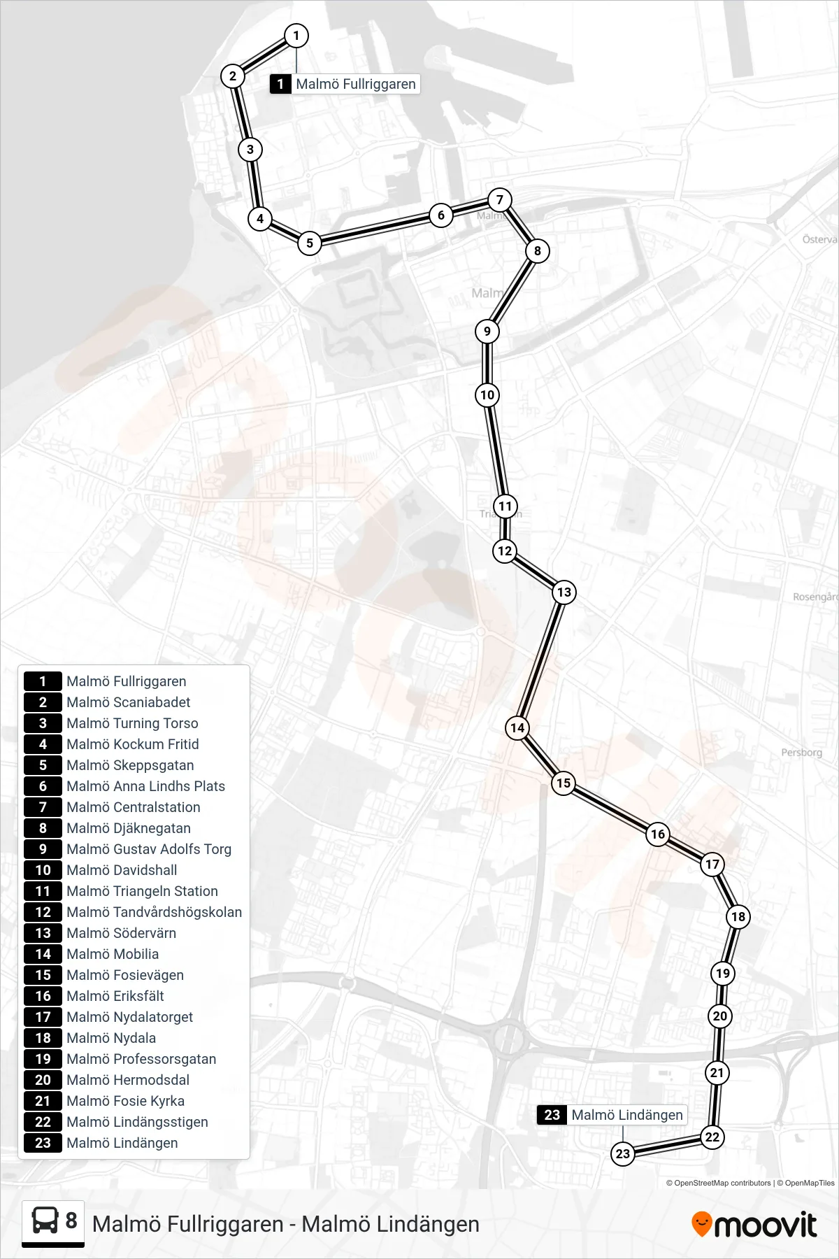 Rutt och hållplatser på karta för linje 8 spårvagn, (Malmö Lindängen)
