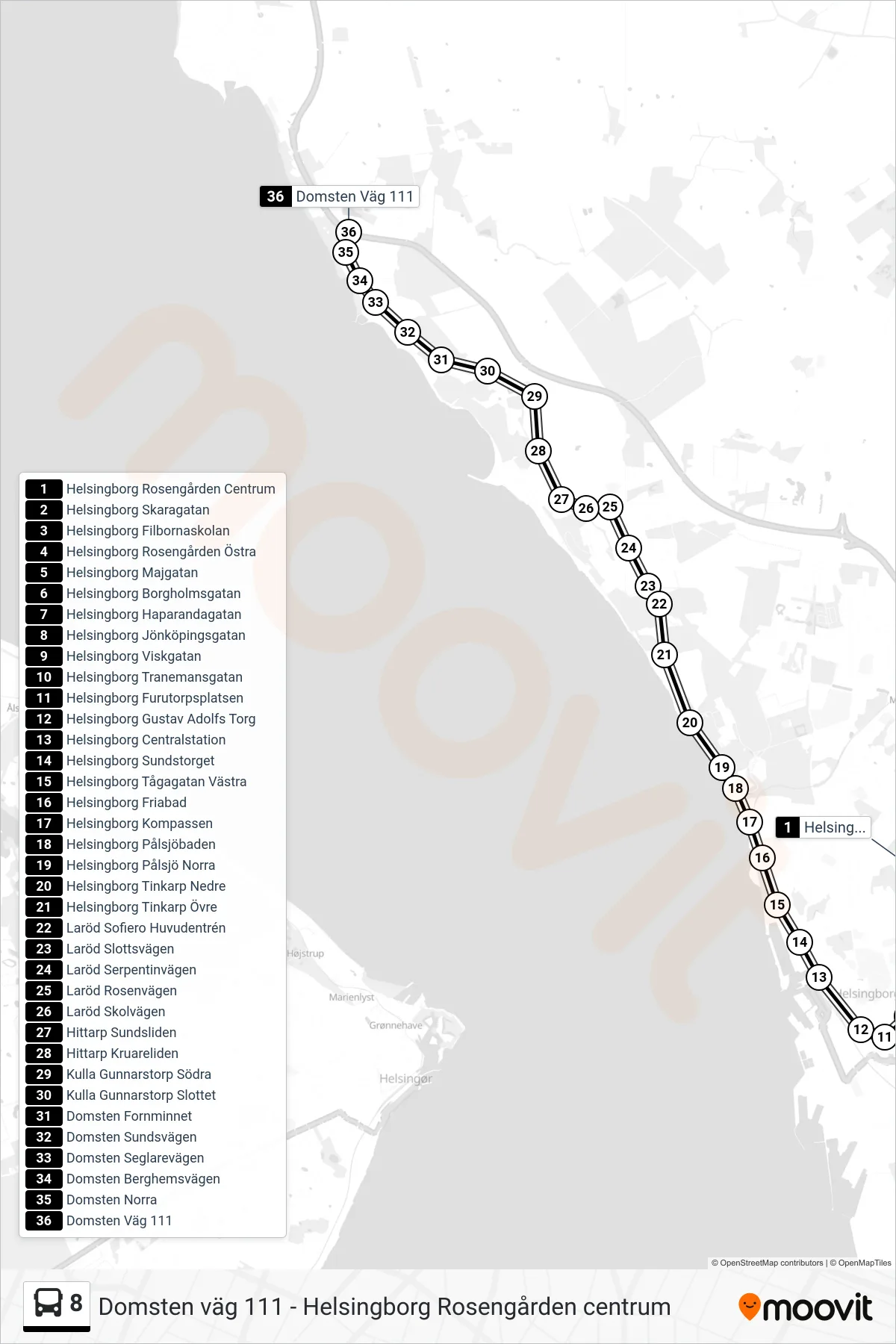 Rutt och hållplatser på karta för linje 8 spårvagn, (Domsten Väg 111)