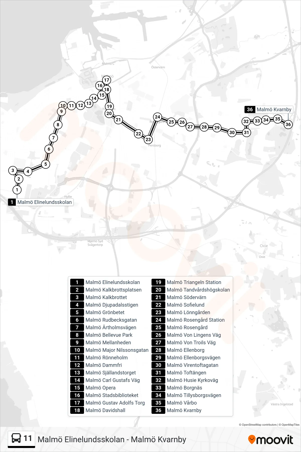 Rutt och hållplatser på karta för linje 11  spårvagn, (Malmö Kvarnby)