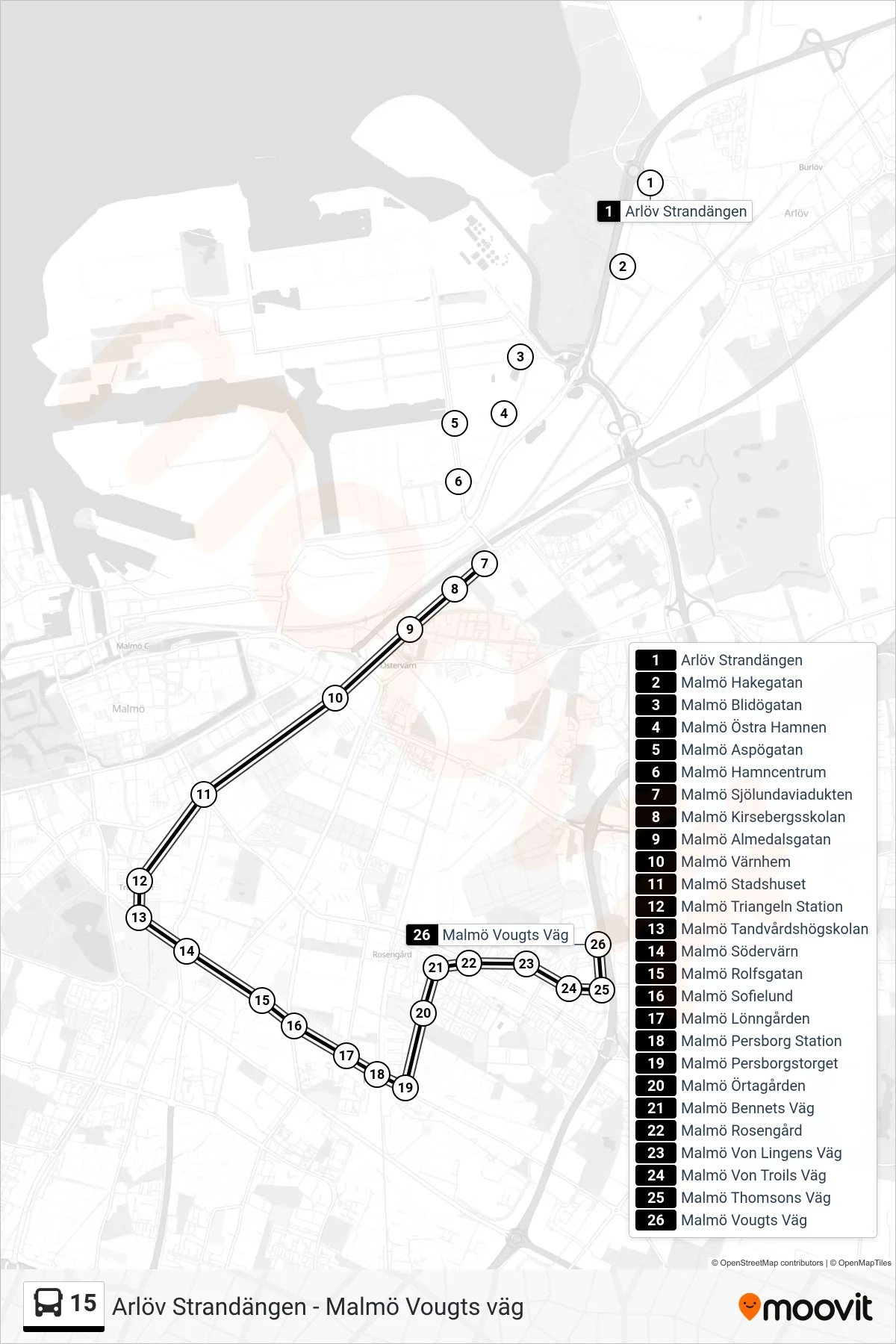 Rutt och hållplatser på karta för linje 15  spårvagn, (Malmö Vougts Väg)