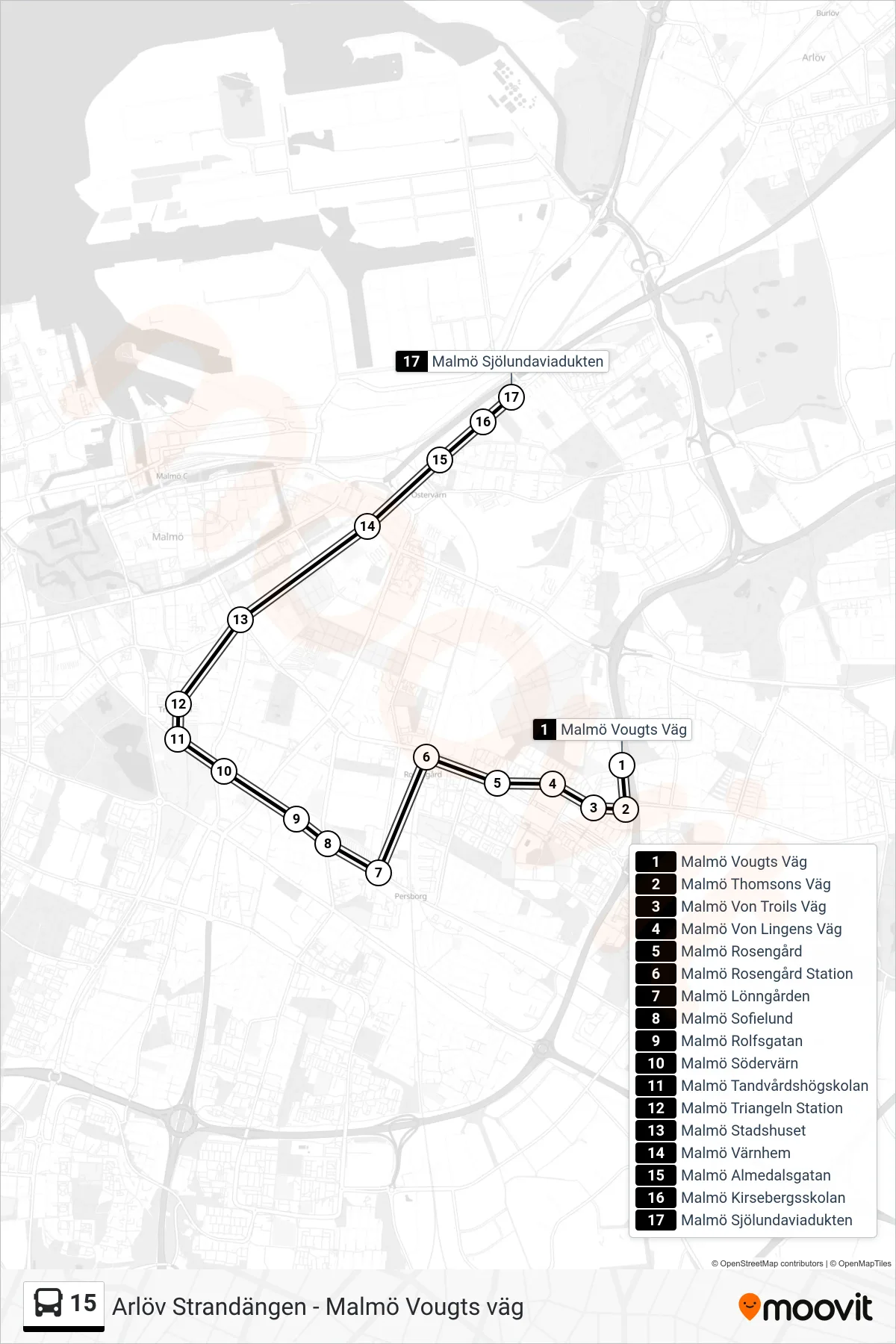 Rutt och hållplatser på karta för linje 15  spårvagn, (Malmö Sjölundaviadukten)