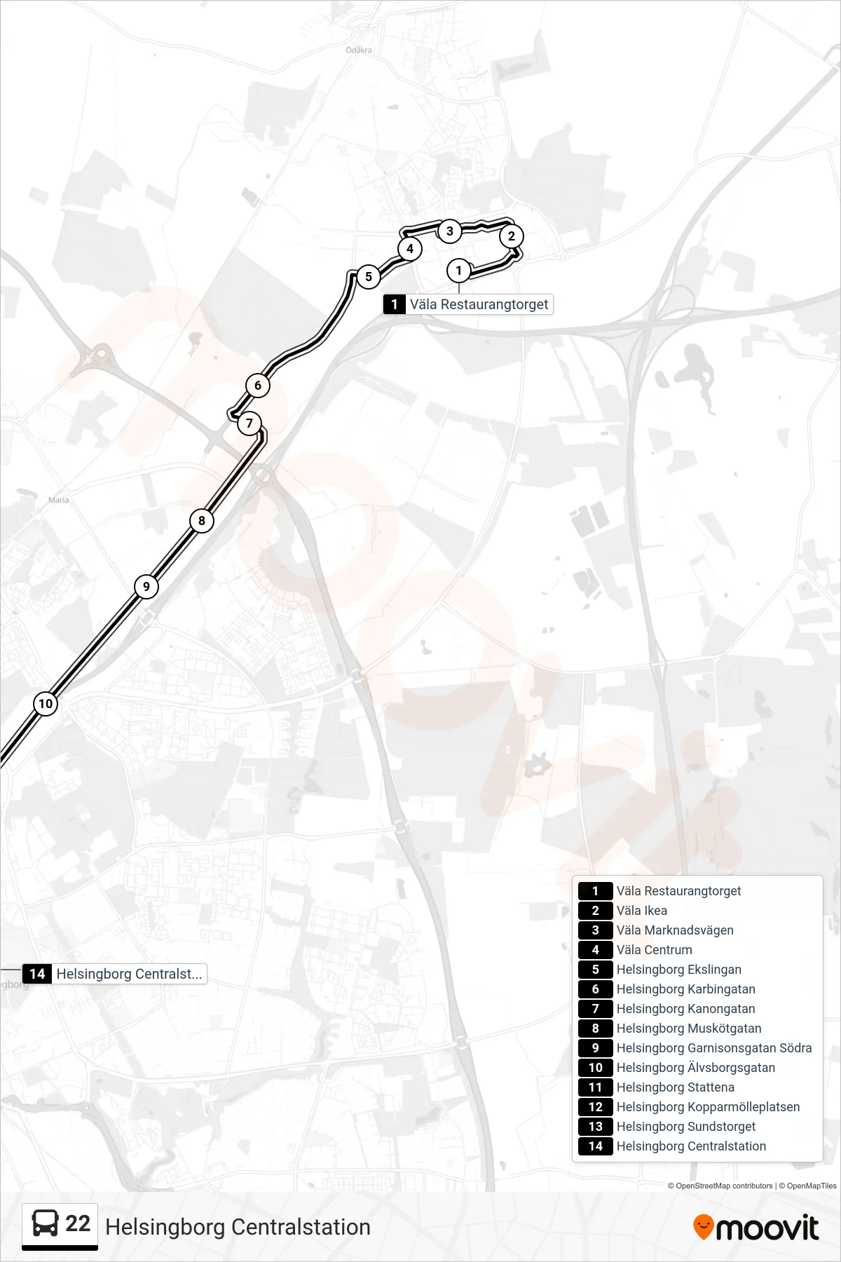 Rutt och hållplatser på karta för linje 22 spårvagn, (Helsingborg Centralstation)