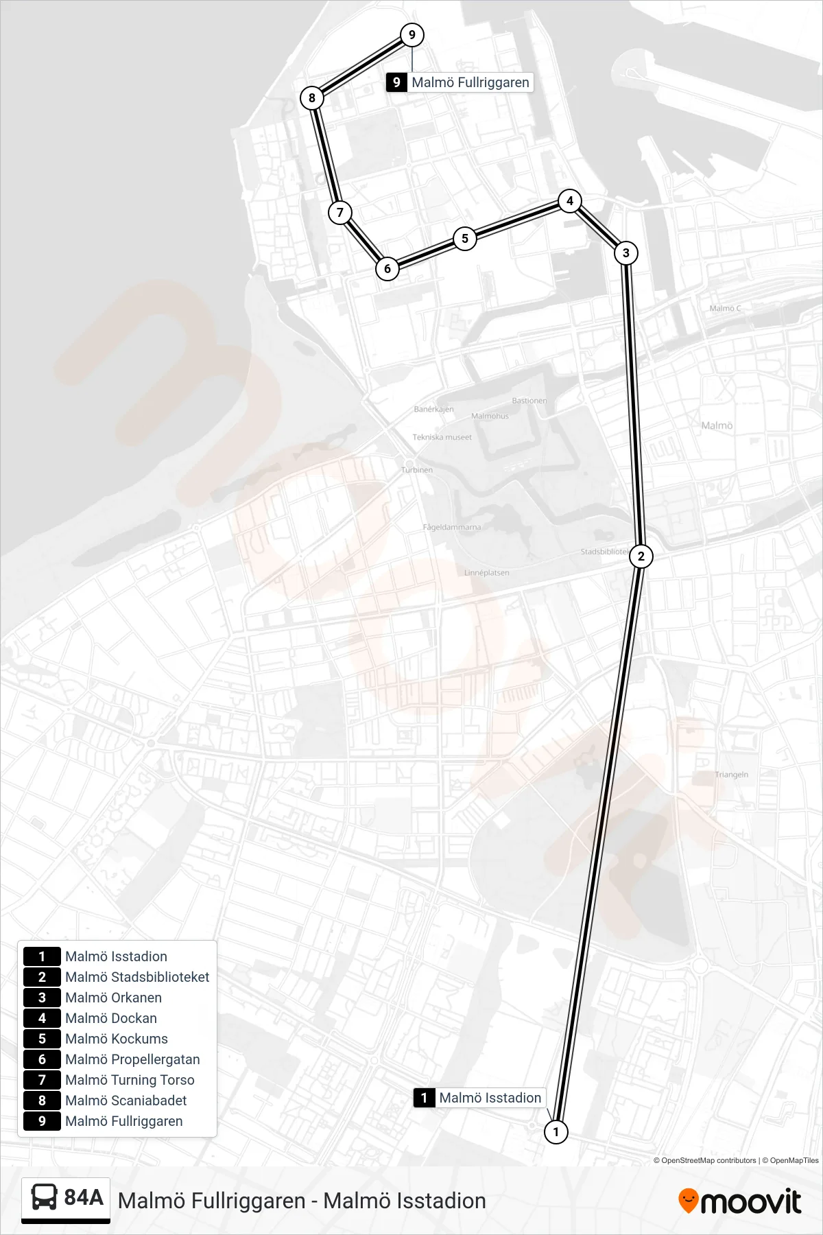 Rutt och hållplatser på karta för linje 84A spårvagn, (Malmö Fullriggaren)