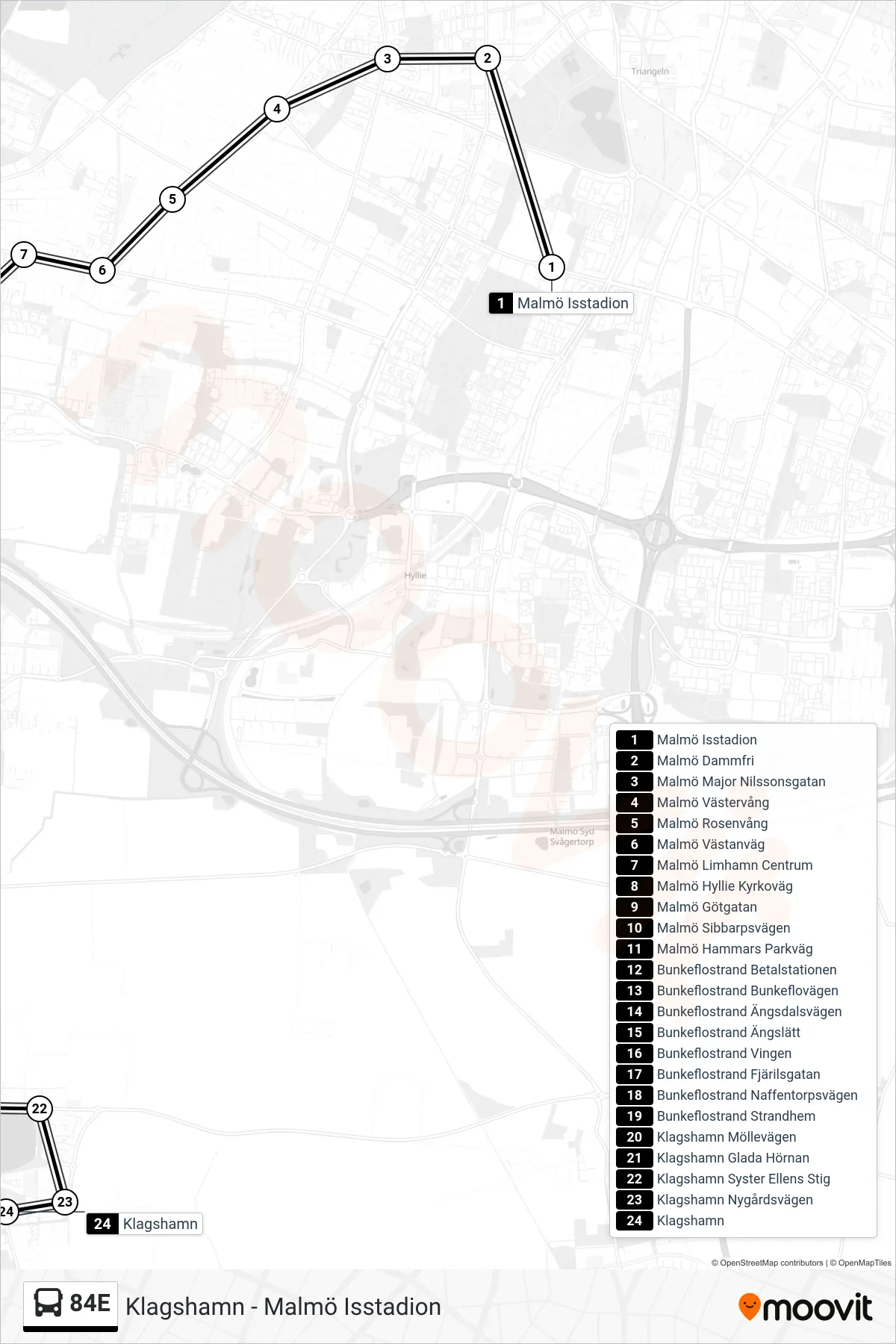Rutt och hållplatser på karta för linje 84E spårvagn, (Klagshamn)