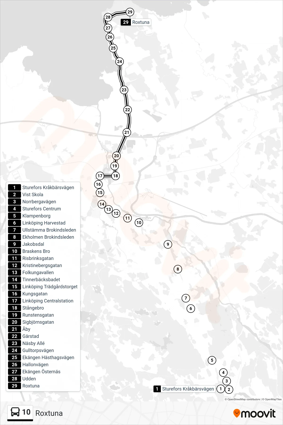 Rutt och hållplatser på karta för linje 10  spårvagn, (Roxtuna)