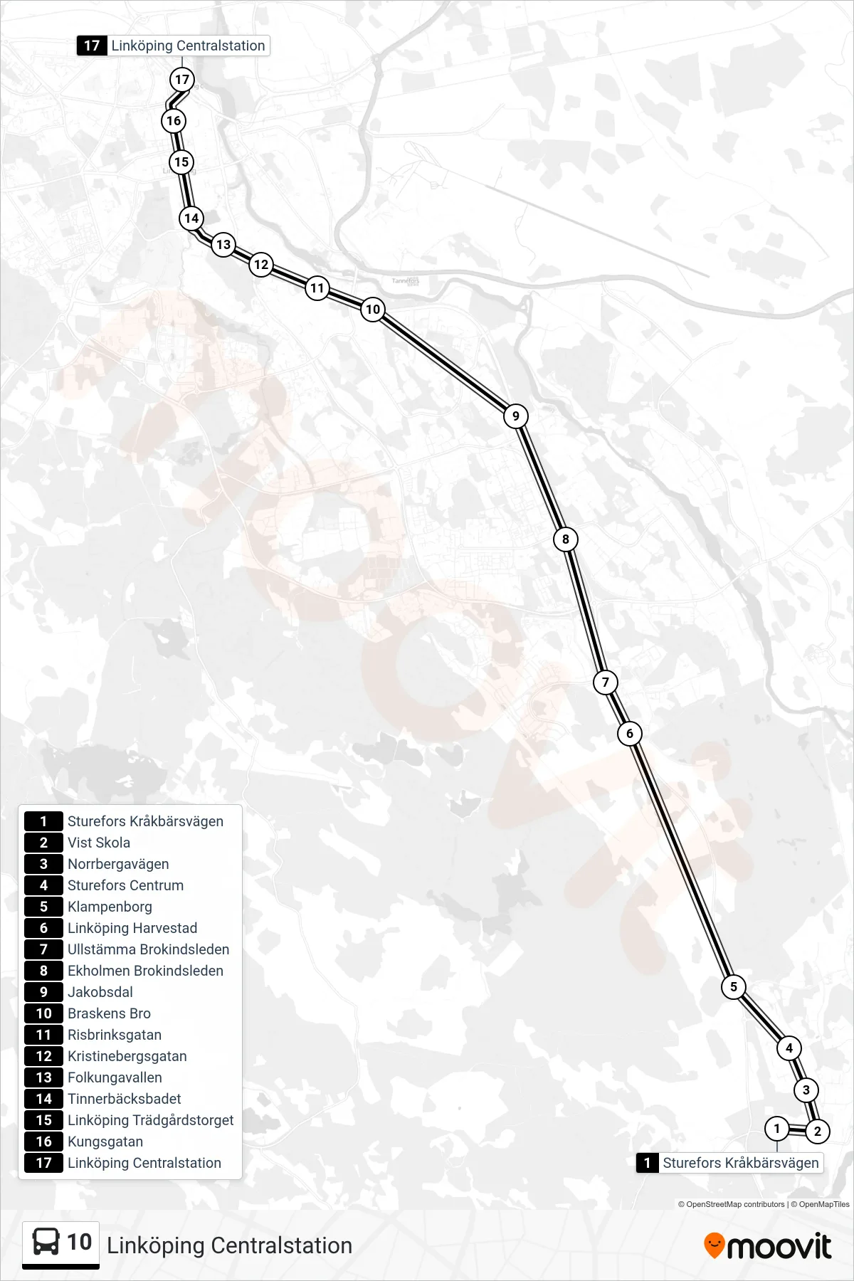 Rutt och hållplatser på karta för linje 10 spårvagn, (Linköping Centralstation)