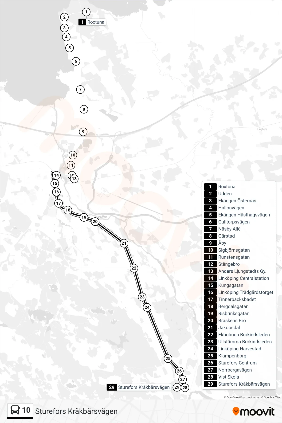 Rutt och hållplatser på karta för linje 10 spårvagn, (Sturefors Kråkbärsvägen)