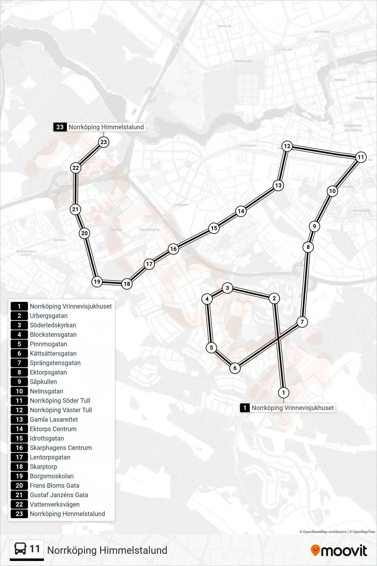 Rutt och hållplatser på karta för linje 11 spårvagn, (Norrköping Himmelstalund)
