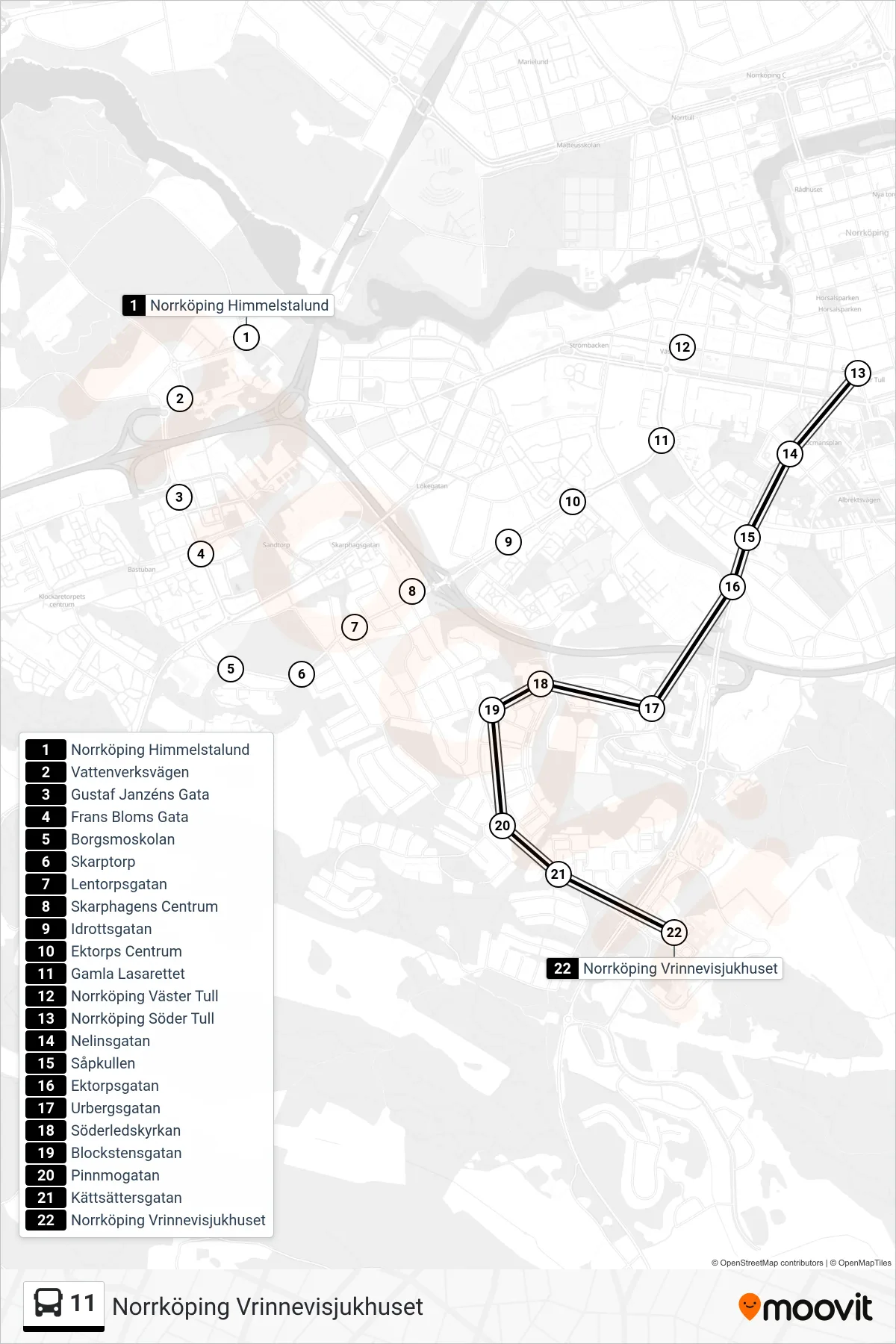 Rutt och hållplatser på karta för linje 11 spårvagn, (Norrköping Vrinnevisjukhuset)