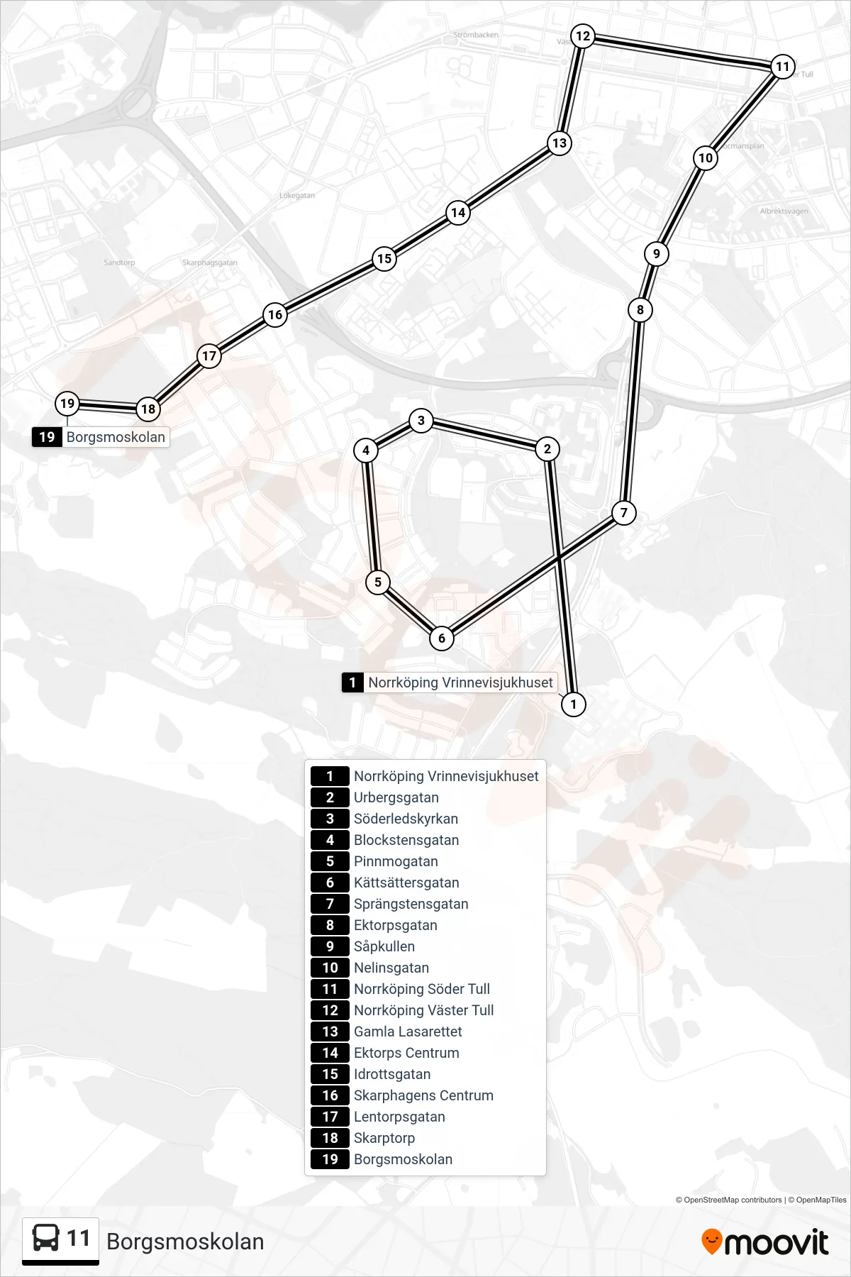 Rutt och hållplatser på karta för linje 11  spårvagn, (Borgsmoskolan)