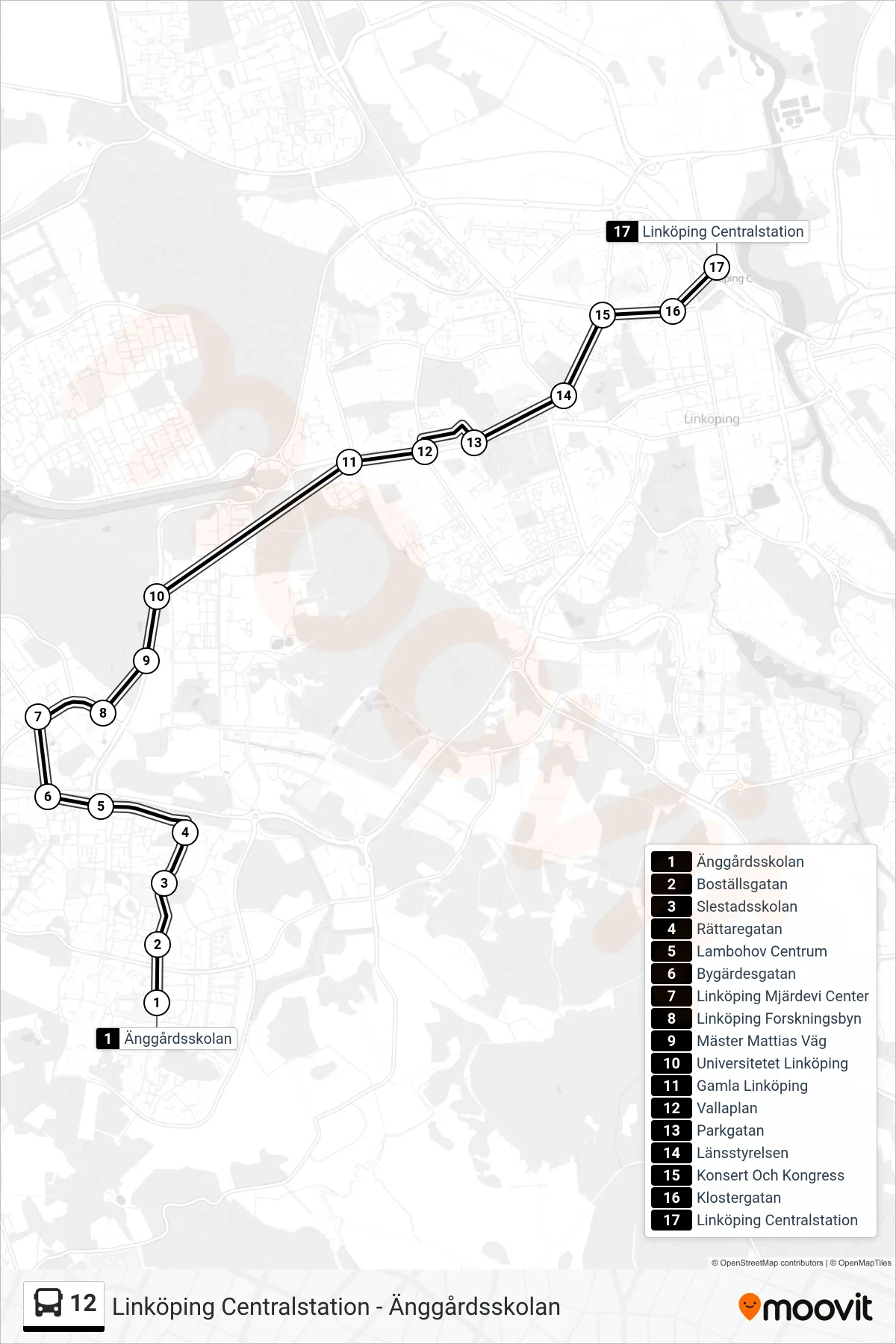 Rutt och hållplatser på karta för linje 12  spårvagn, (Linköping Centralstation)