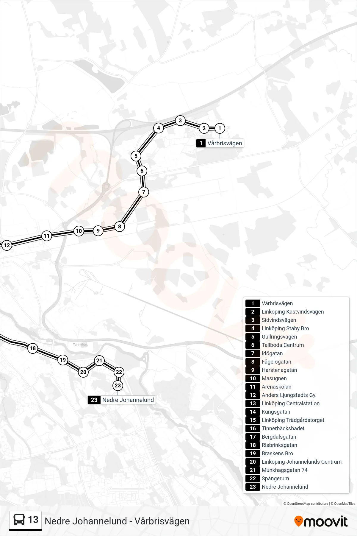 Rutt och hållplatser på karta för linje 13  spårvagn, (Nedre Johannelund)