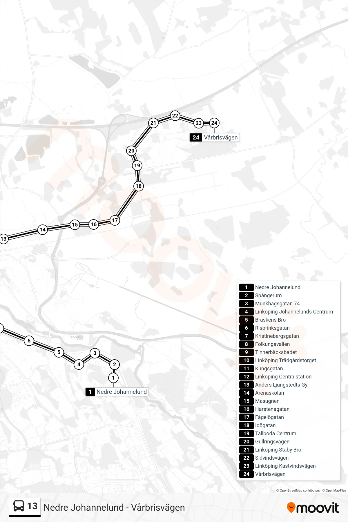 Rutt och hållplatser på karta för linje 13  spårvagn, (Vårbrisvägen)