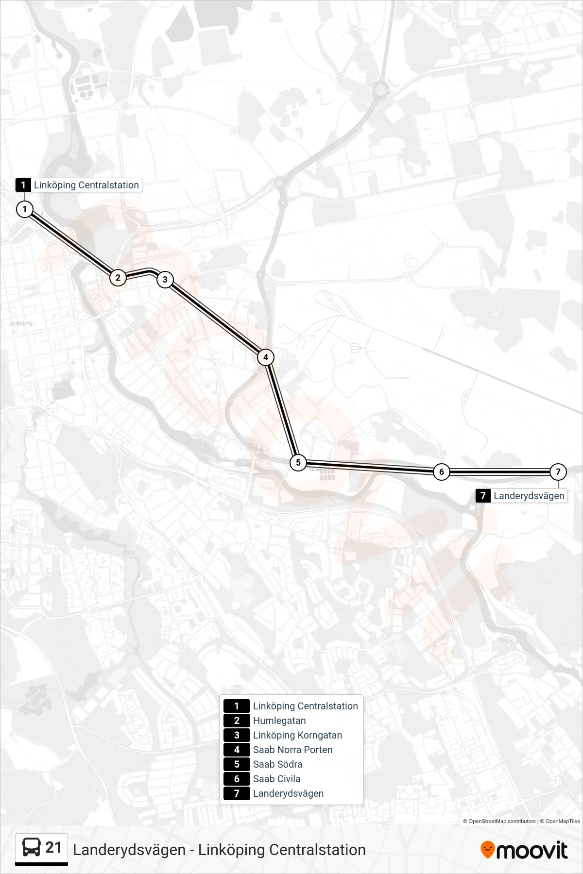 Rutt och hållplatser på karta för linje 21 spårvagn, (Landerydsvägen)