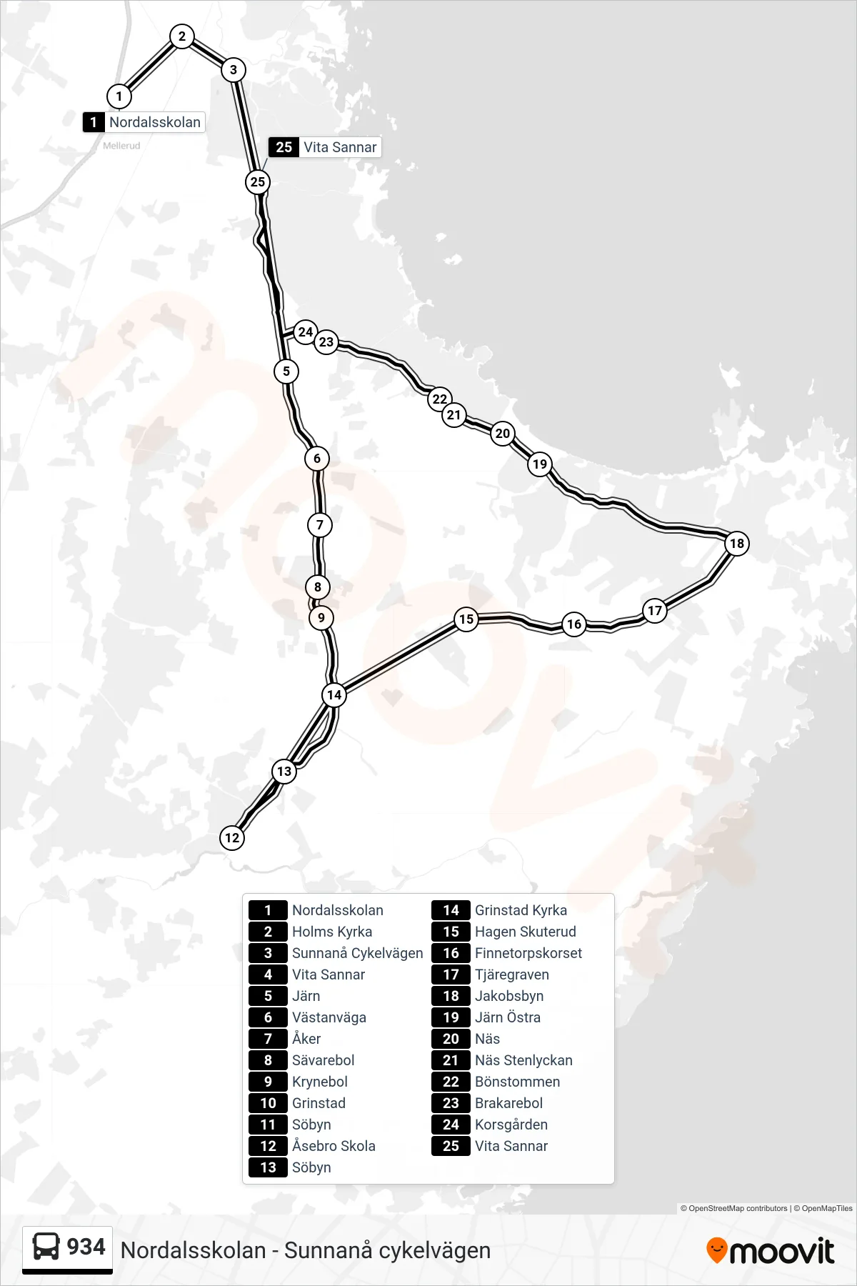 Rutt och hållplatser på karta för linje 934 buss, (Vita Sannar)
