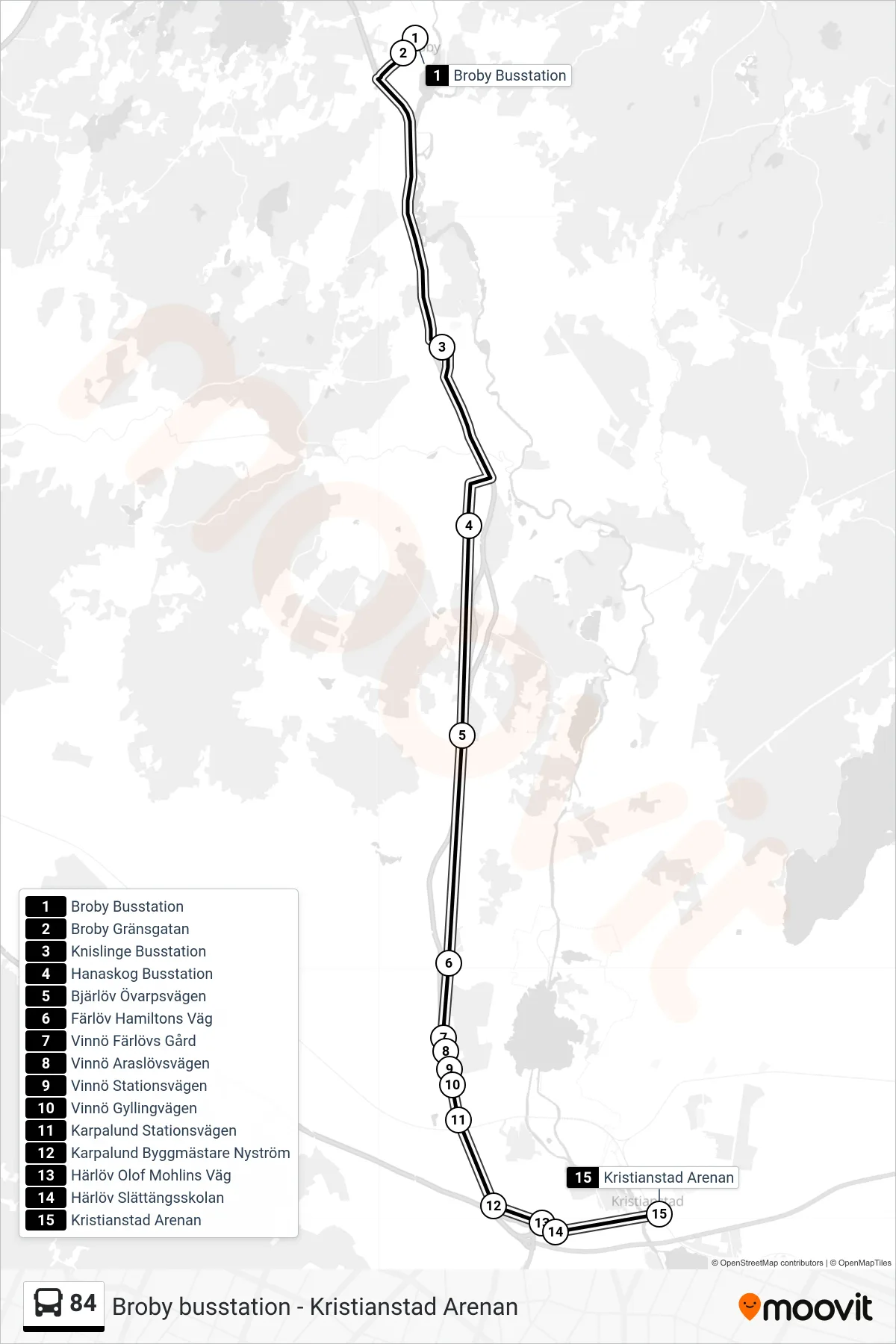 Rutt och hållplatser på karta för linje 84 spårvagn, (Kristianstad Arenan)