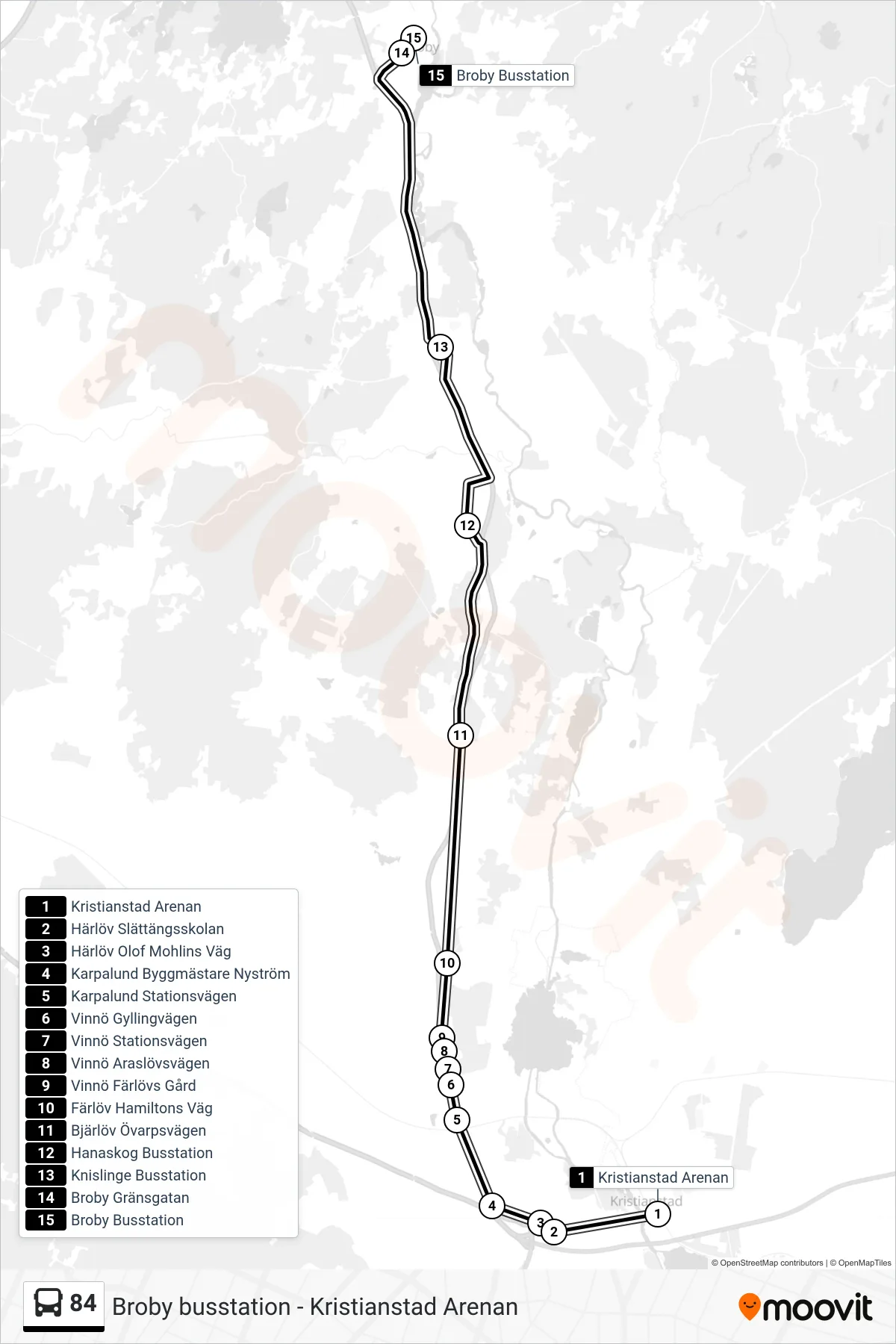 Rutt och hållplatser på karta för linje 84 spårvagn, (Broby Busstation)