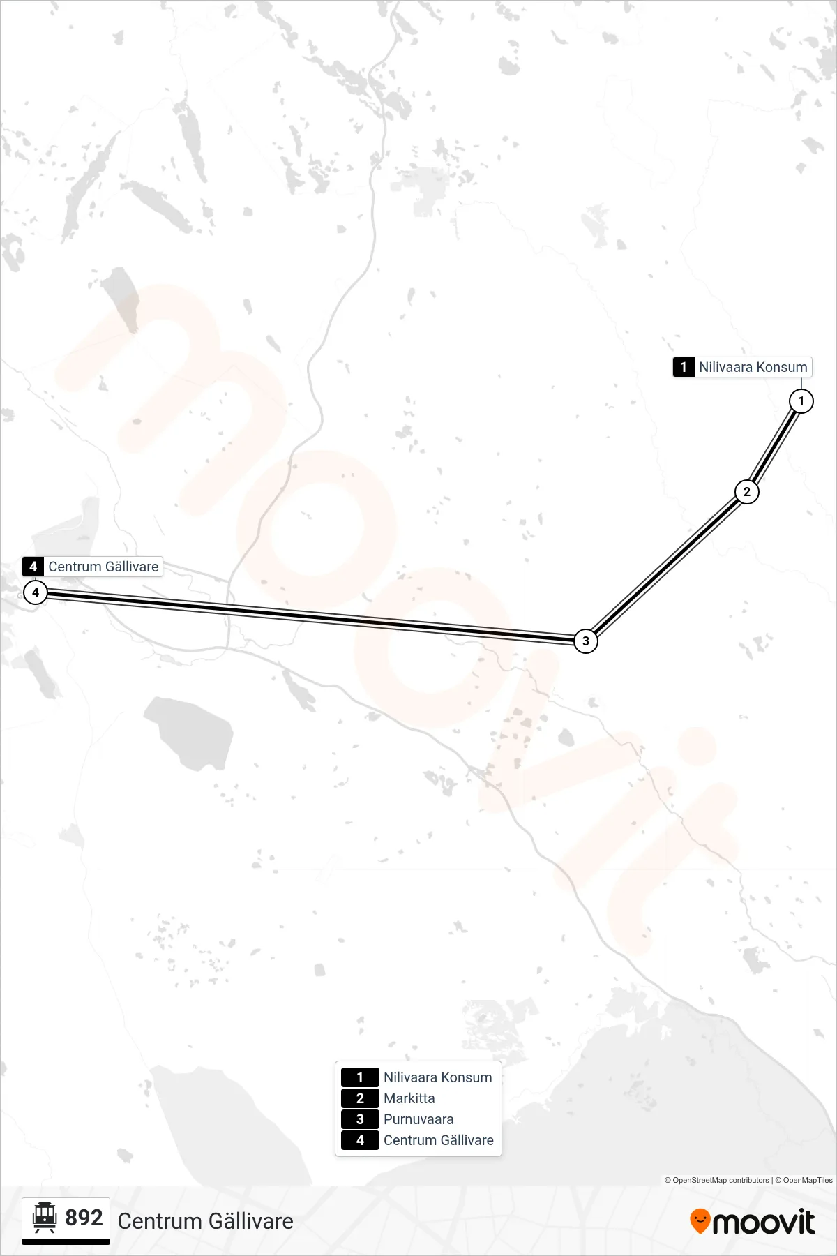 Rutt och hållplatser på karta för linje 892  spårvagn, (Centrum Gällivare)