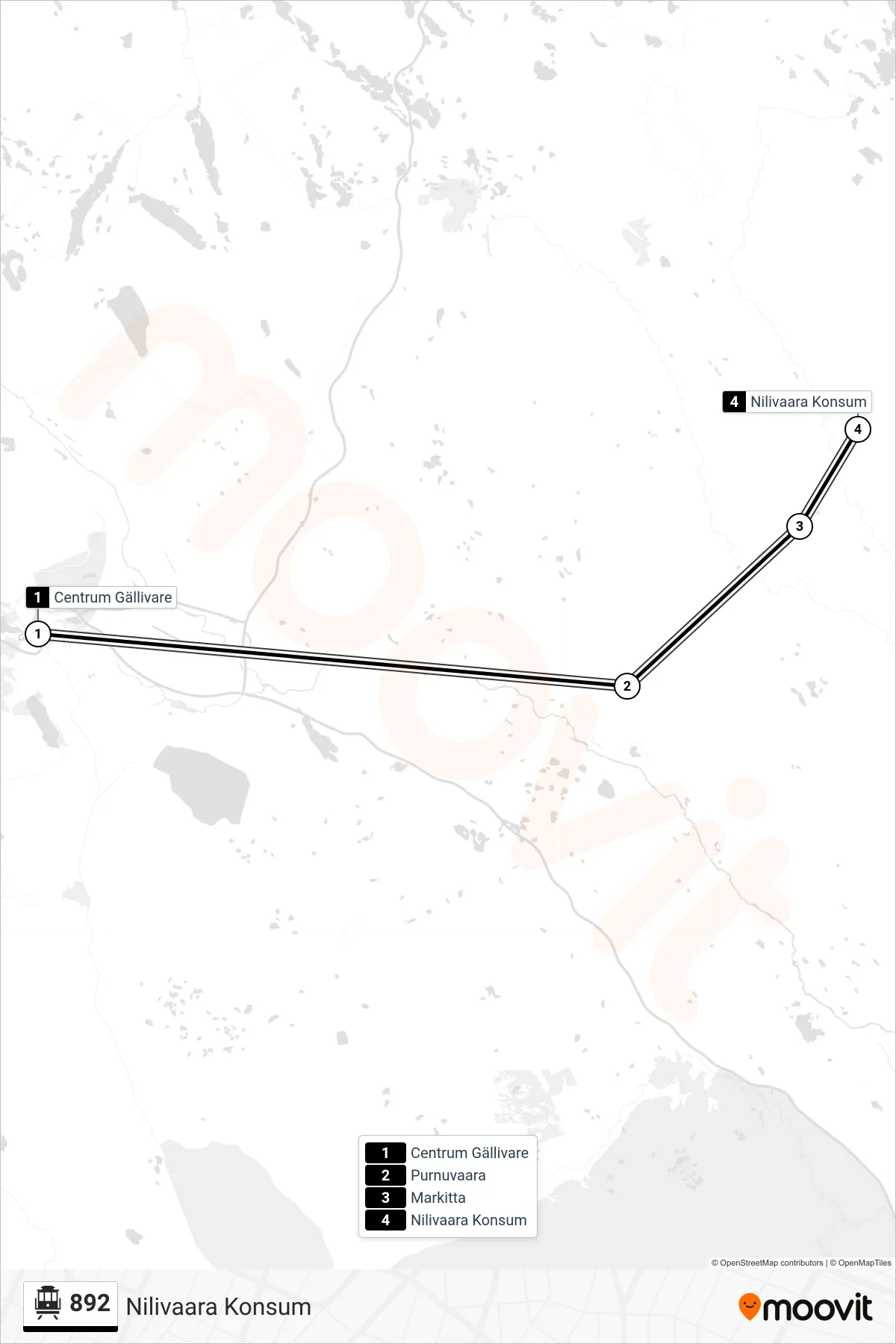 Rutt och hållplatser på karta för linje 892 spårvagn, (Nilivaara Konsum)