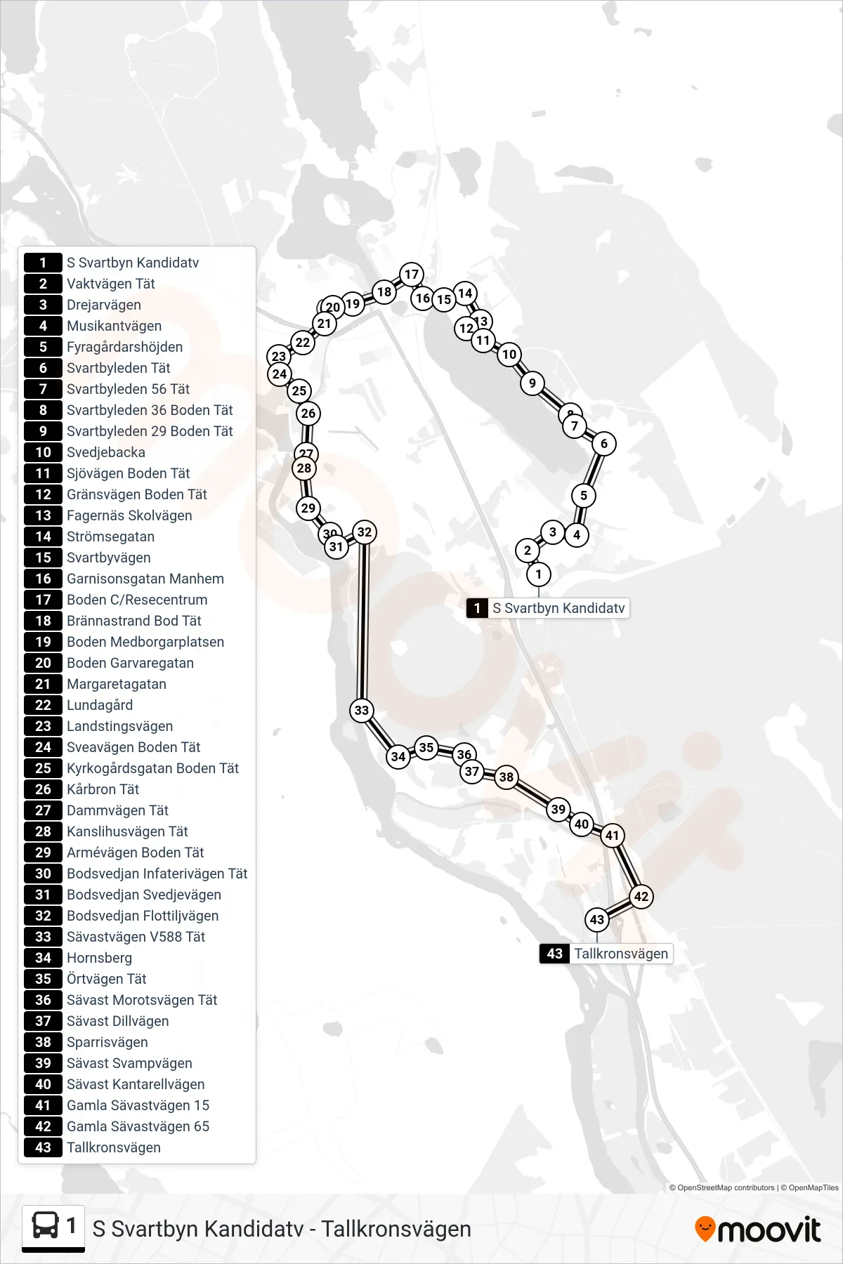 Rutt och hållplatser på karta för linje 1 spårvagn, (Tallkronsvägen)