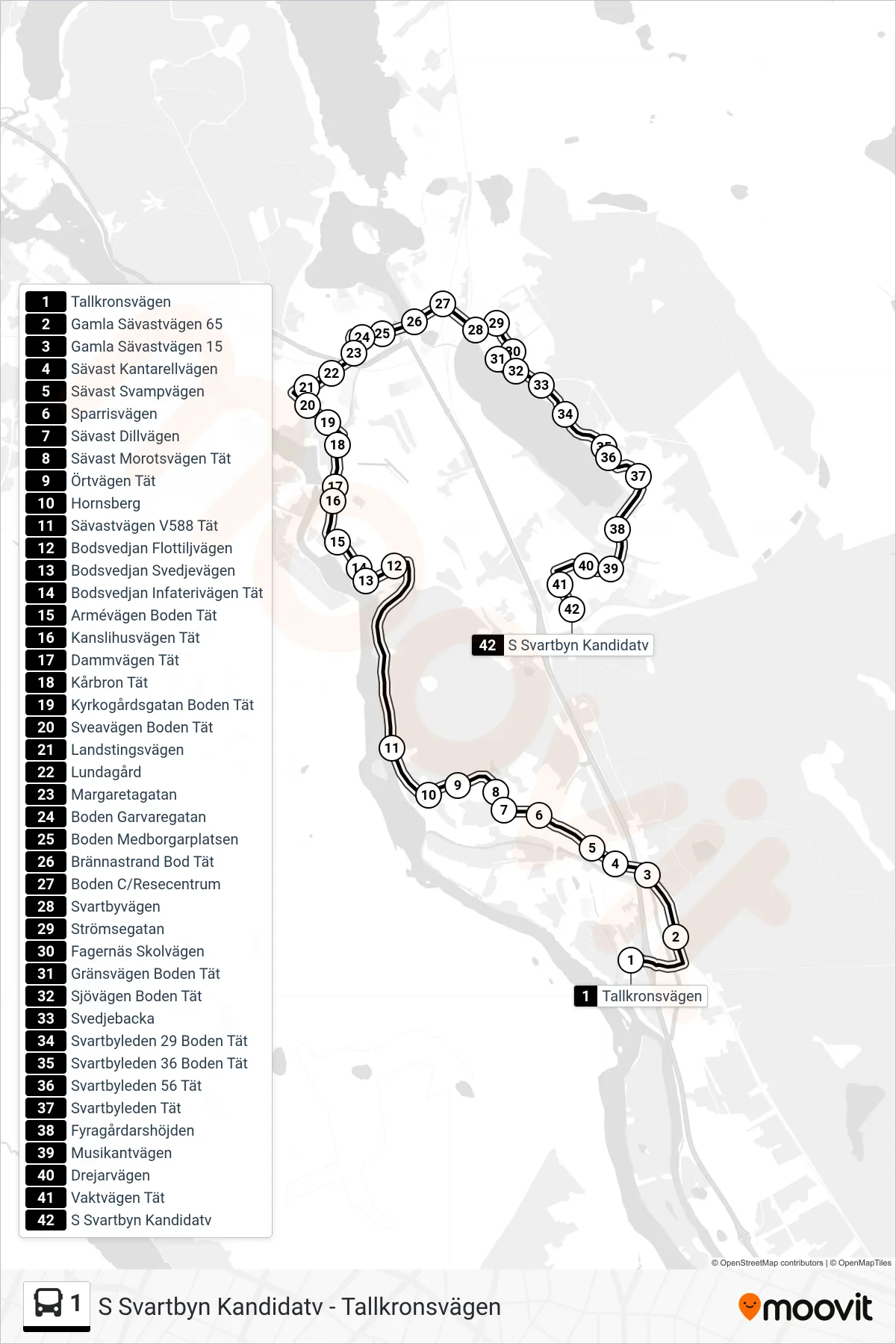 Rutt och hållplatser på karta för linje 1  spårvagn, (S Svartbyn Kandidatv)