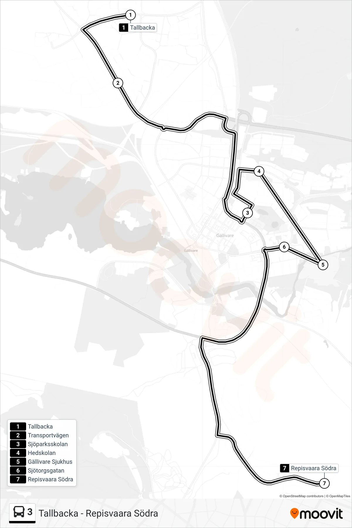Rutt och hållplatser på karta för linje 3 spårvagn, (Repisvaara Södra)